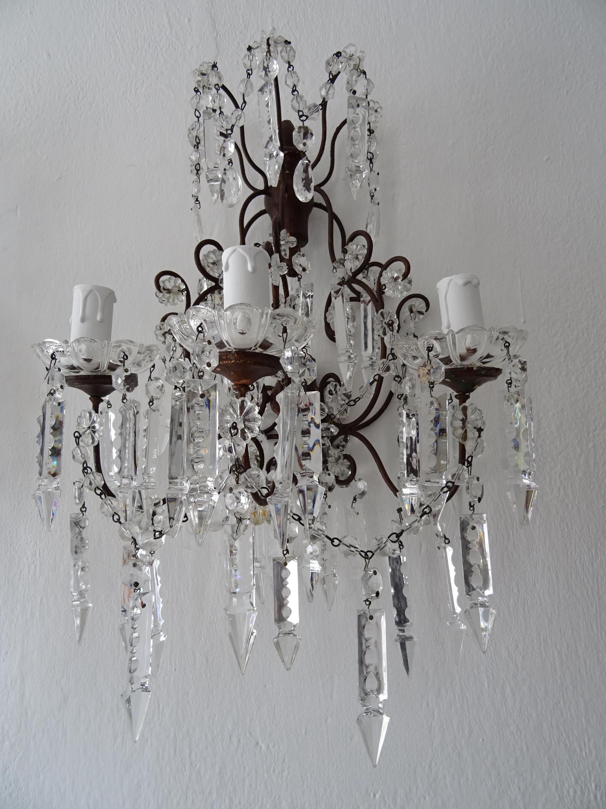 Big French Baroque Loaded Crystal Spears Prisms 3 Light  Sconces c 1900 For Sale 1