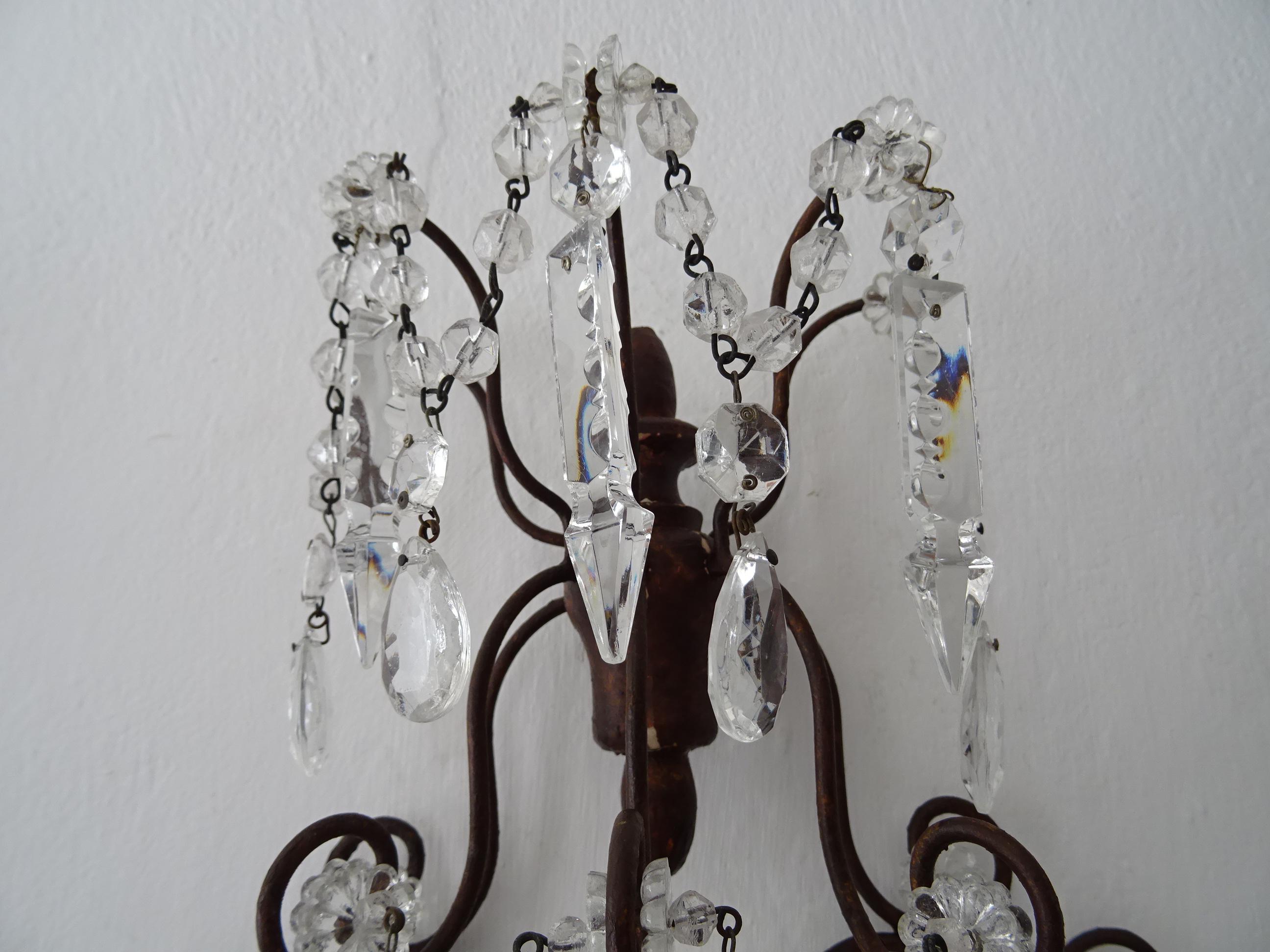 Big French Baroque Loaded Crystal Spears Prisms 3 Light  Sconces c 1900 For Sale 2