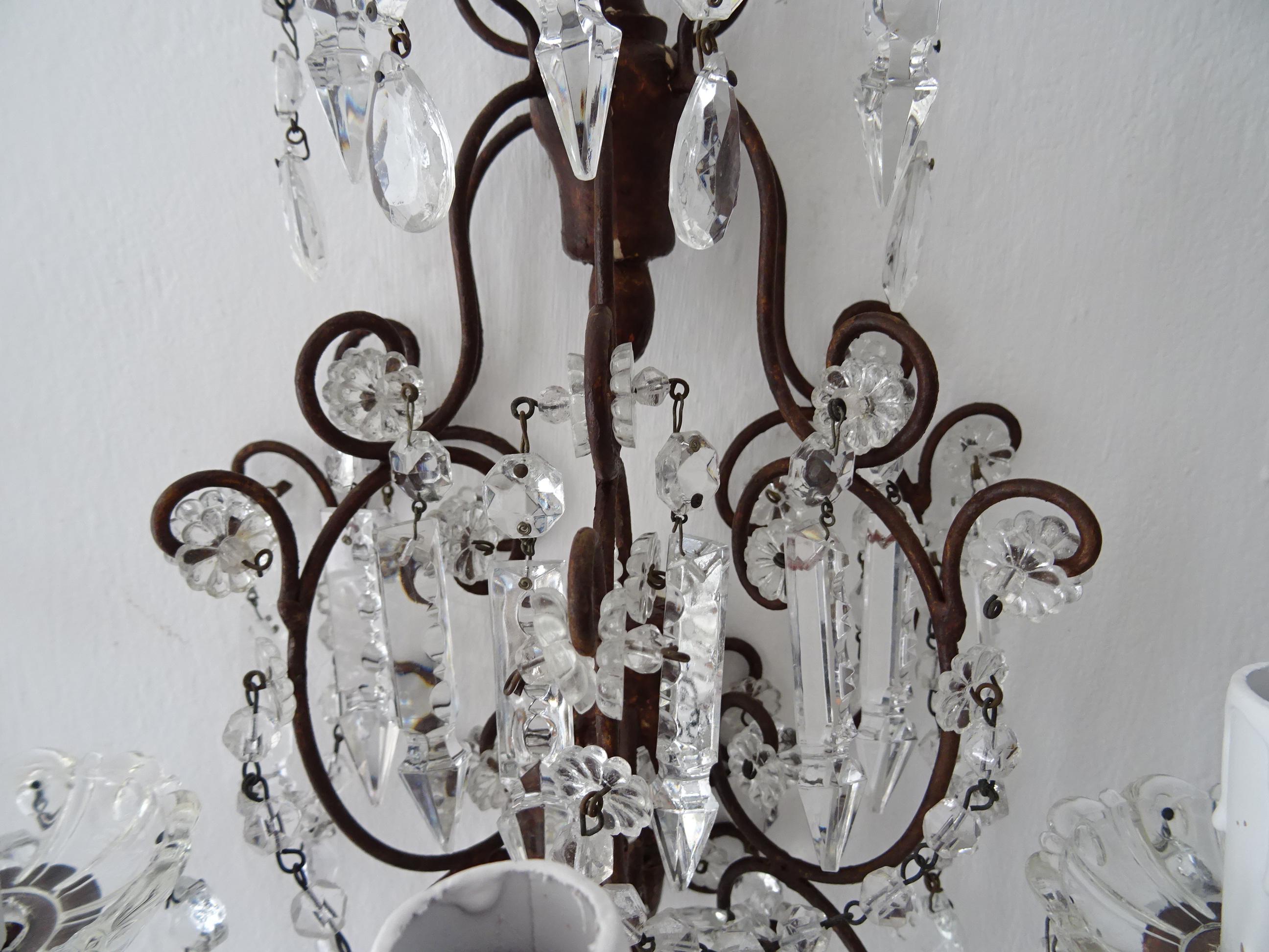 Big French Baroque Loaded Crystal Spears Prisms 3 Light  Sconces c 1900 For Sale 3