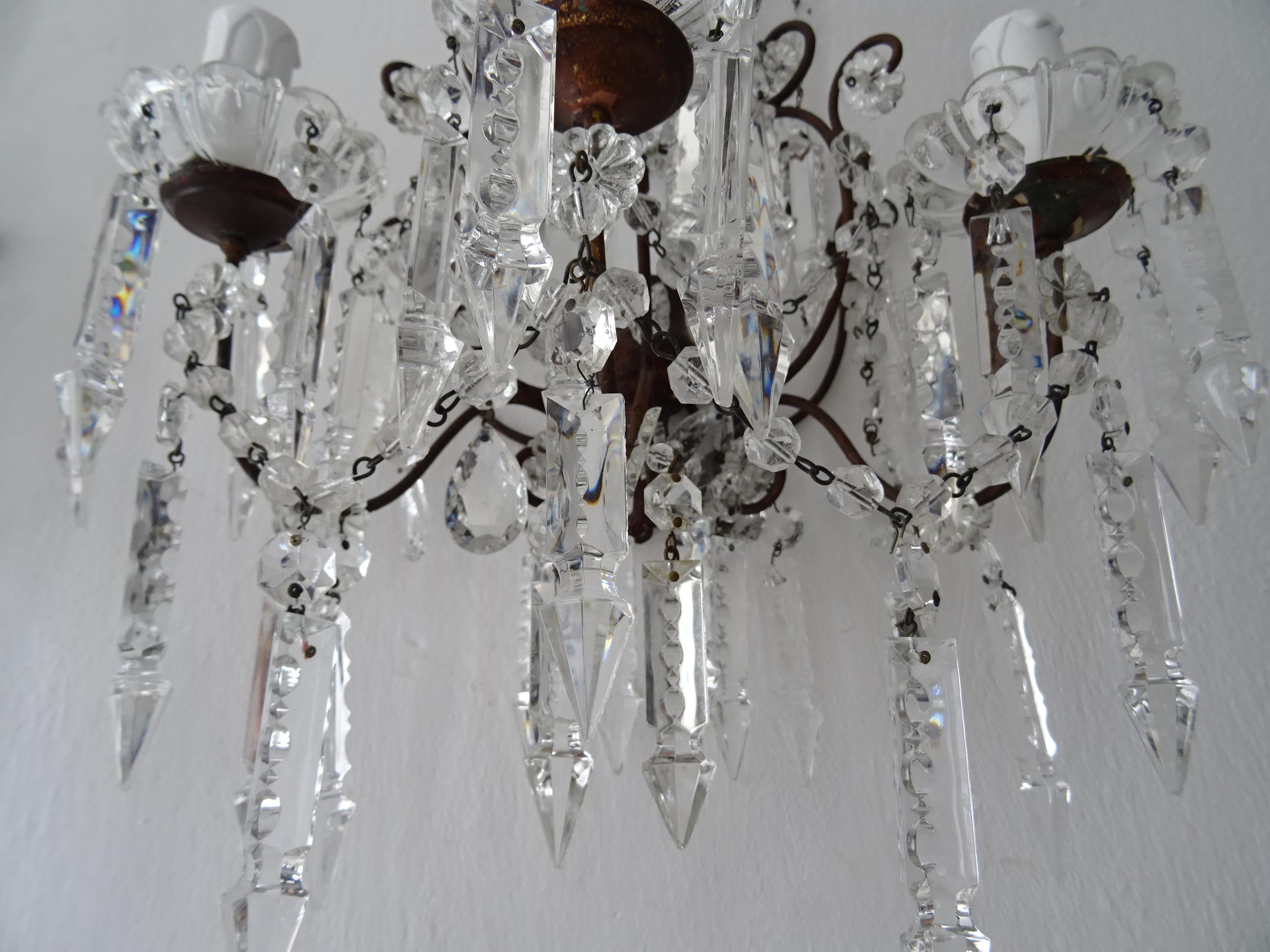 Big French Baroque Loaded Crystal Spears Prisms 3 Light  Sconces c 1900 For Sale 4