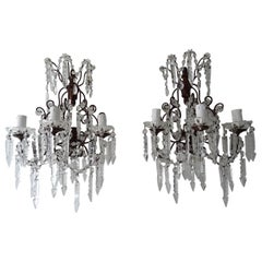 Big French Baroque Loaded Crystal Spears Prisms 3 Light  Sconces c 1900