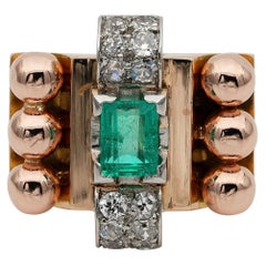 Big French Colombian Emerald Diamond Retro Cocktail Ring