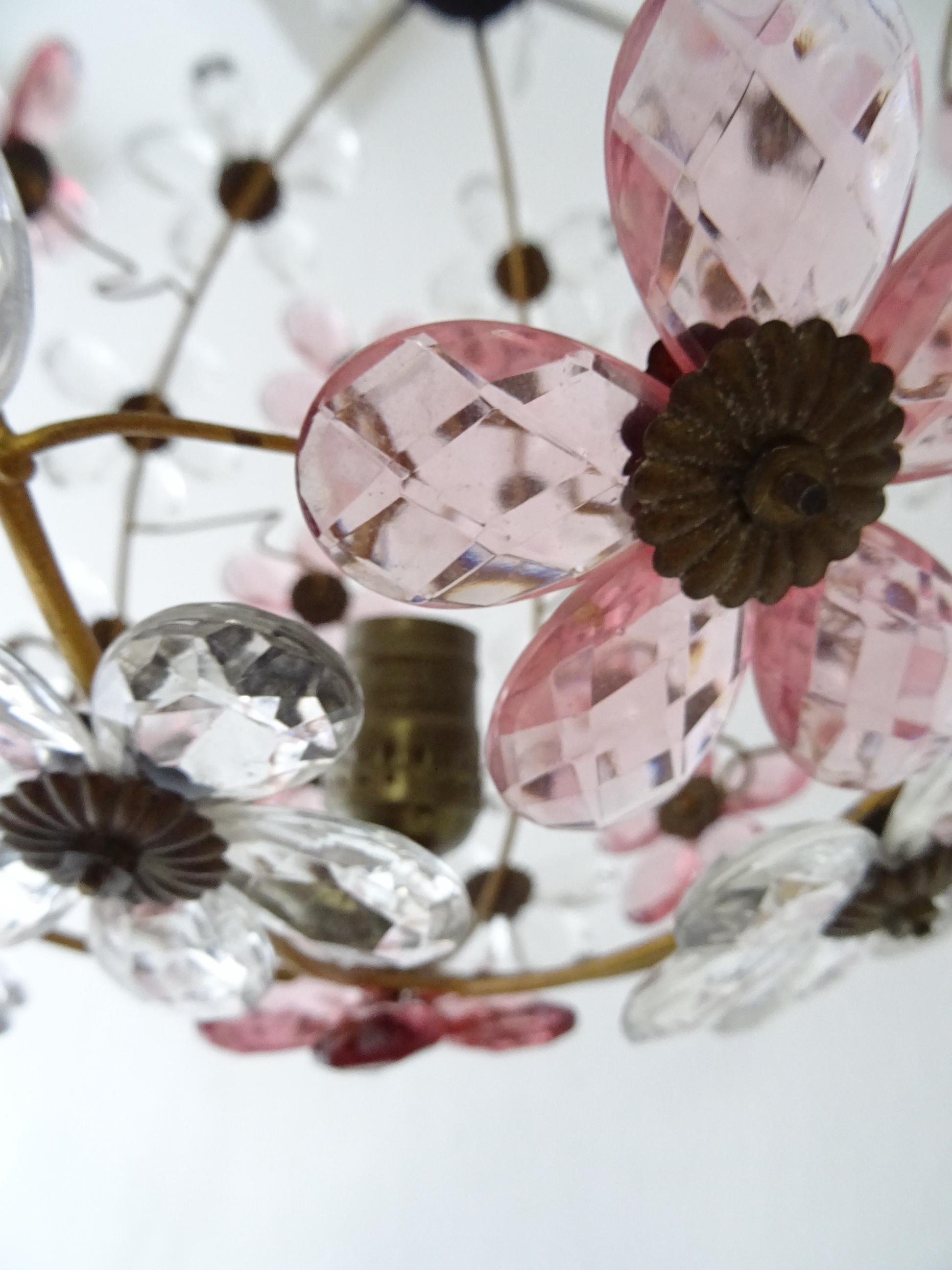 Big French Pink Flower Ball Crystal Prisms Maison Baguès Style Chandelier, 1920s 2