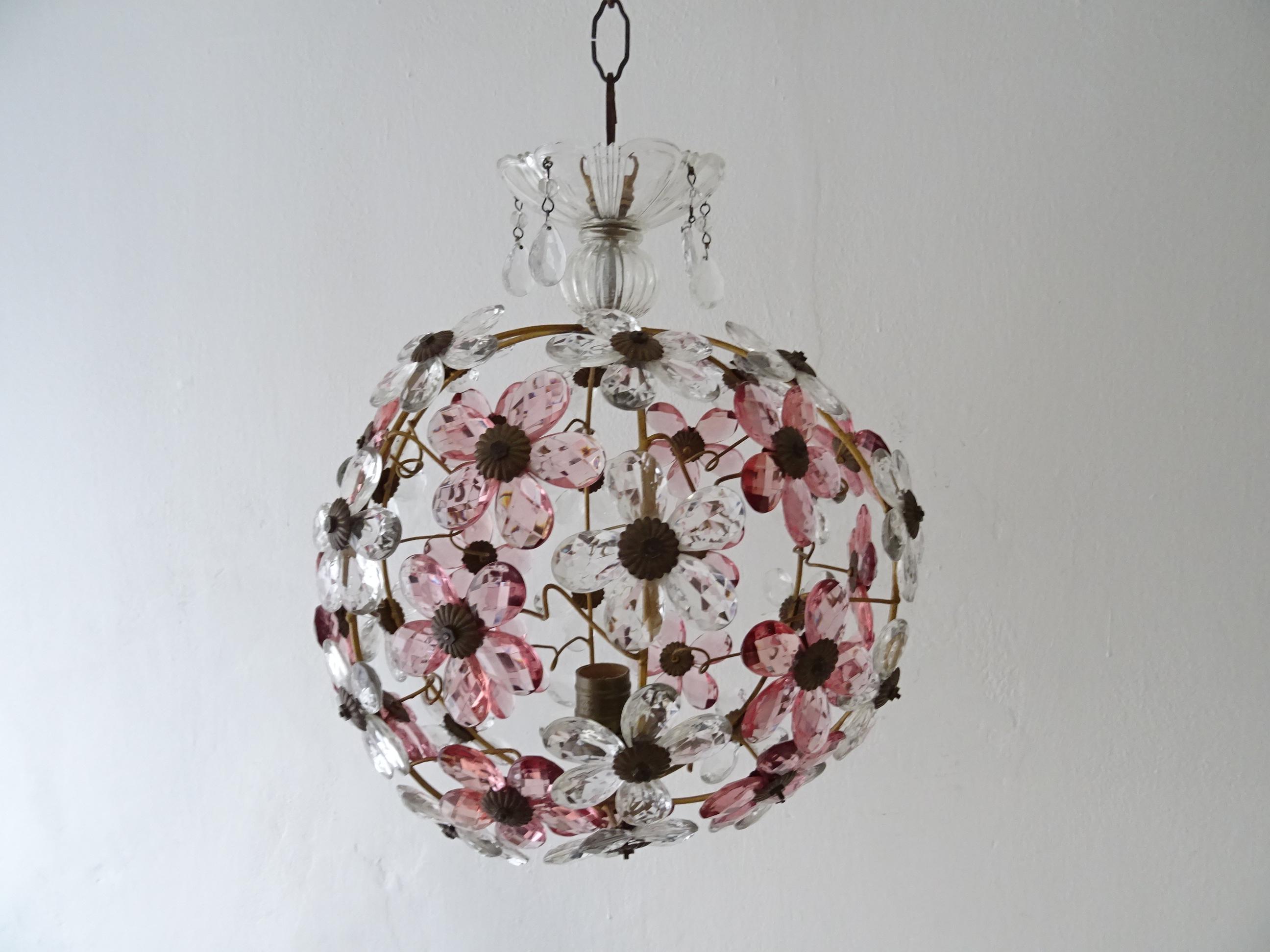 Big French Pink Flower Ball Crystal Prisms Maison Baguès Style Chandelier, 1920s 4