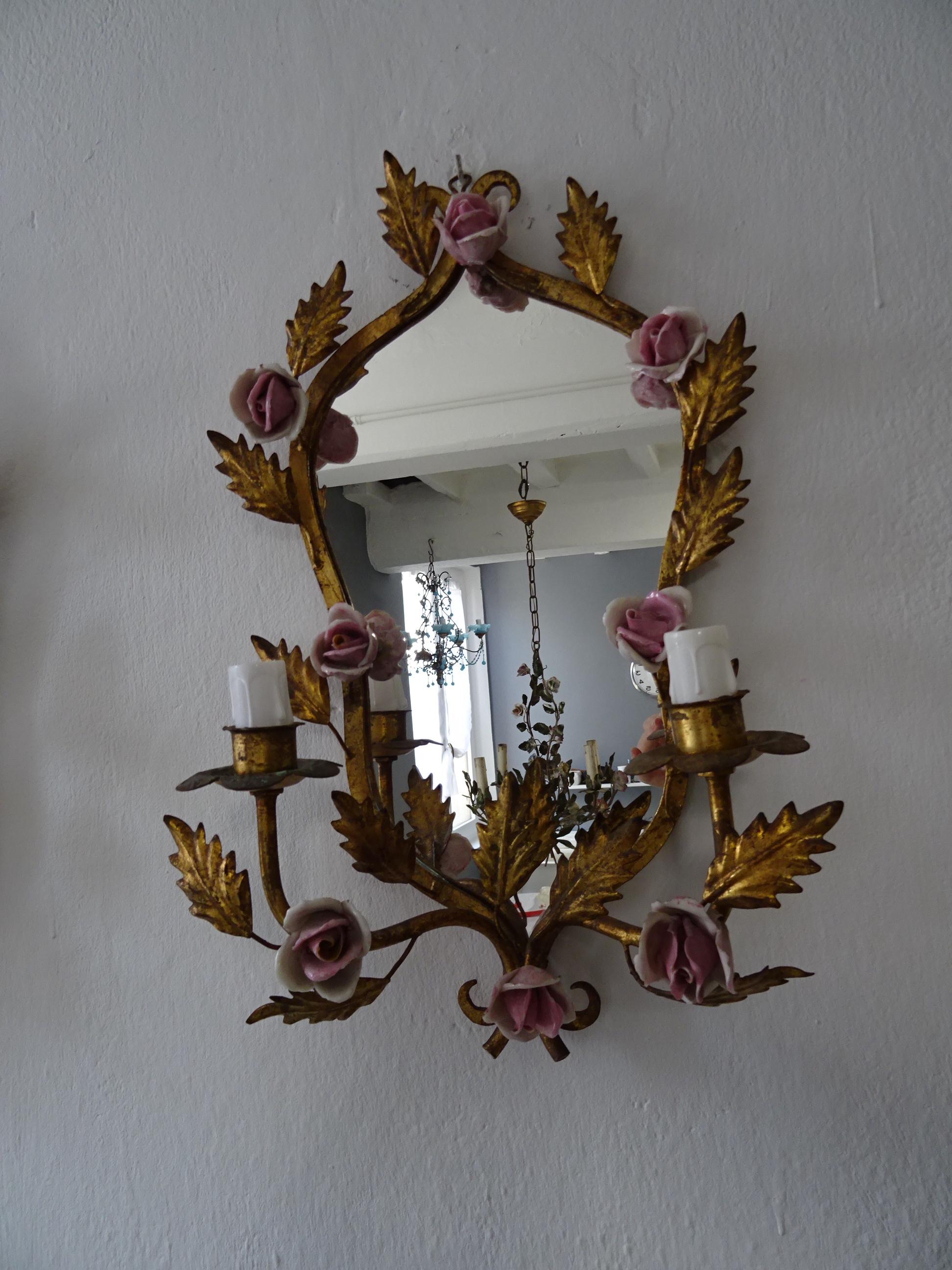 Early 20th Century Big French Pink Roses & Mirrors Gilt Metal Sconces, circa 1920 For Sale