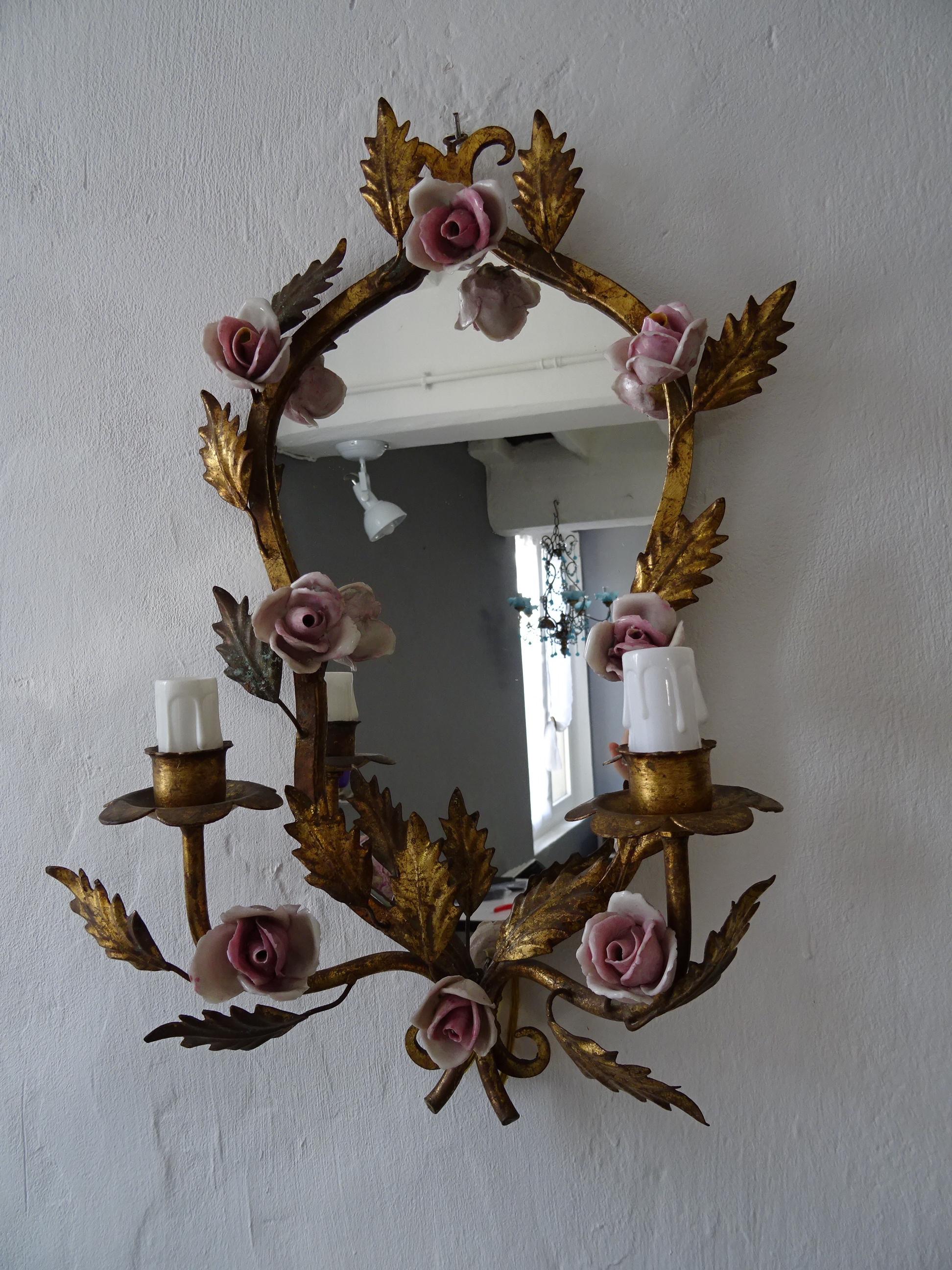 Crystal Big French Pink Roses & Mirrors Gilt Metal Sconces, circa 1920 For Sale
