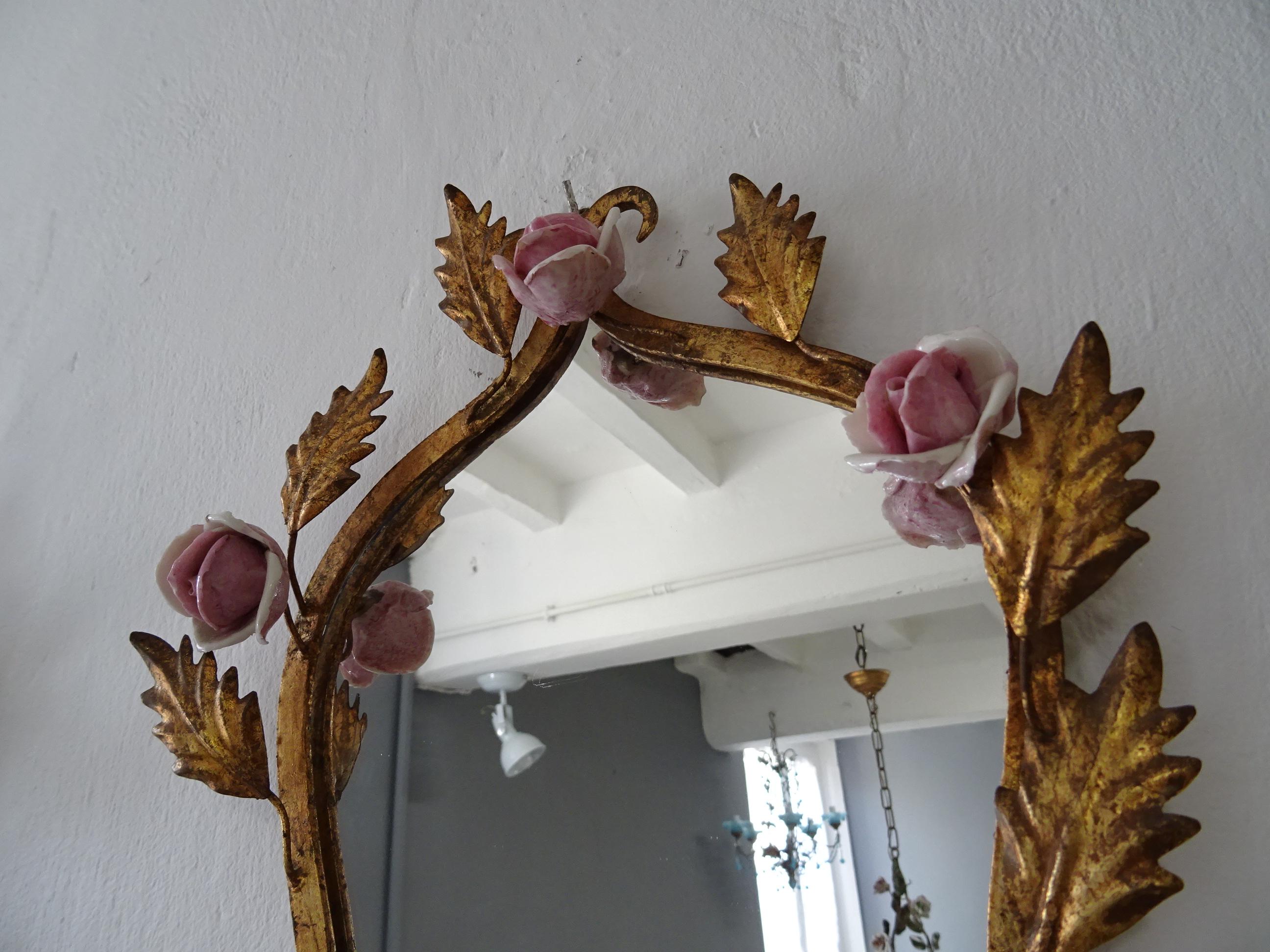 Big French Pink Roses & Mirrors Gilt Metal Sconces, circa 1920 For Sale 1