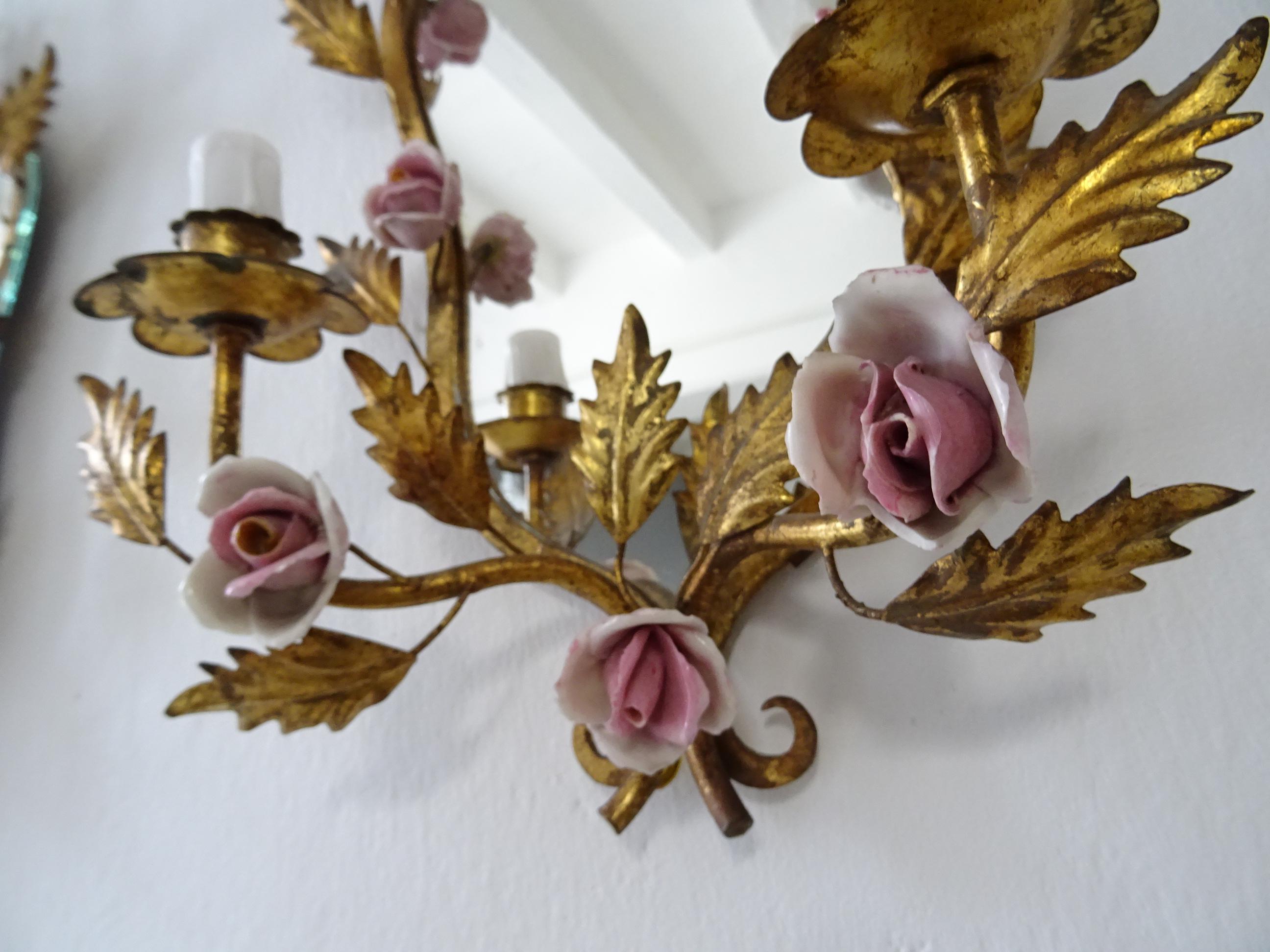 Big French Pink Roses & Mirrors Gilt Metal Sconces, circa 1920 For Sale 2