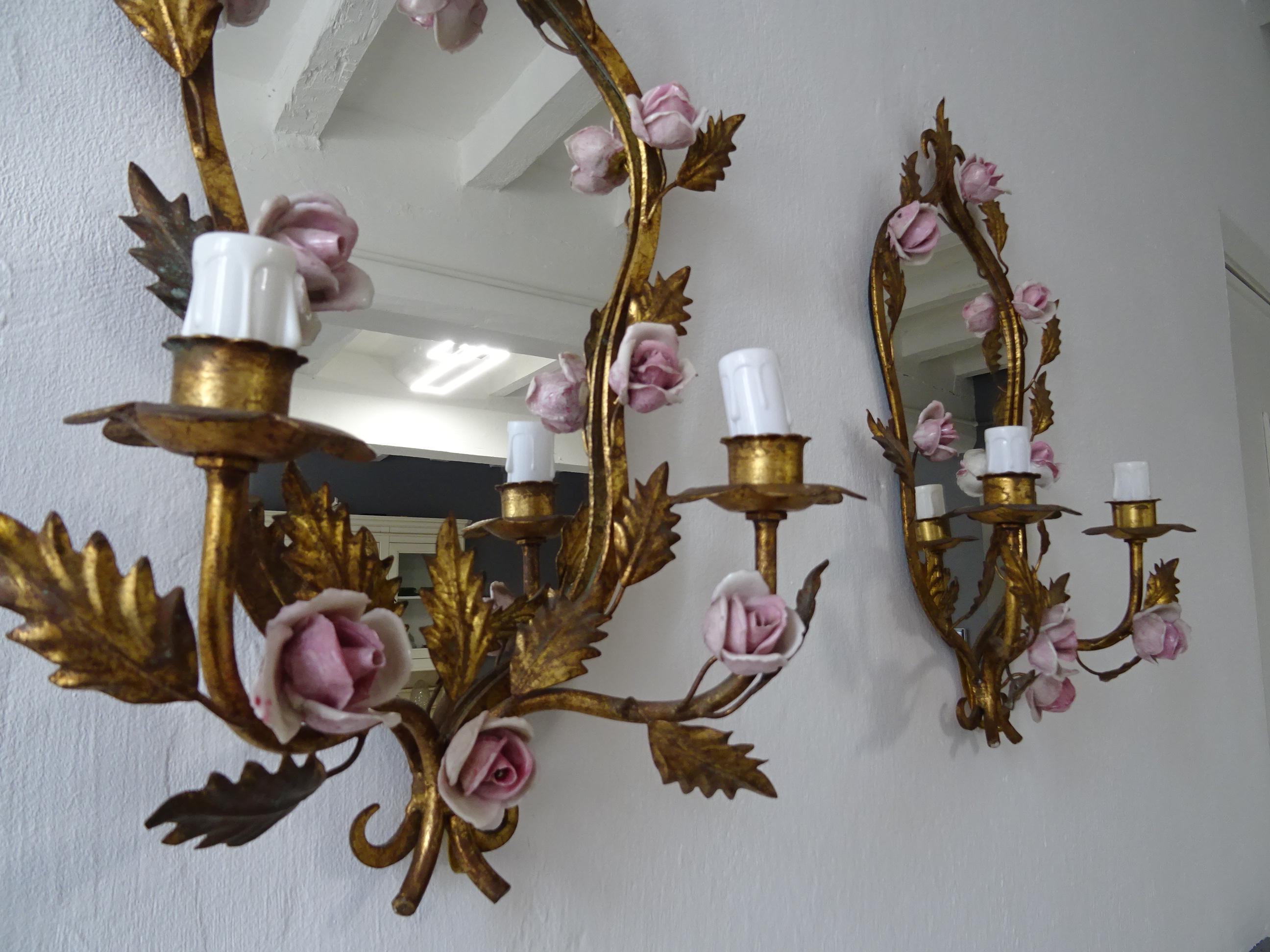 Big French Pink Roses & Mirrors Gilt Metal Sconces, circa 1920 For Sale 3
