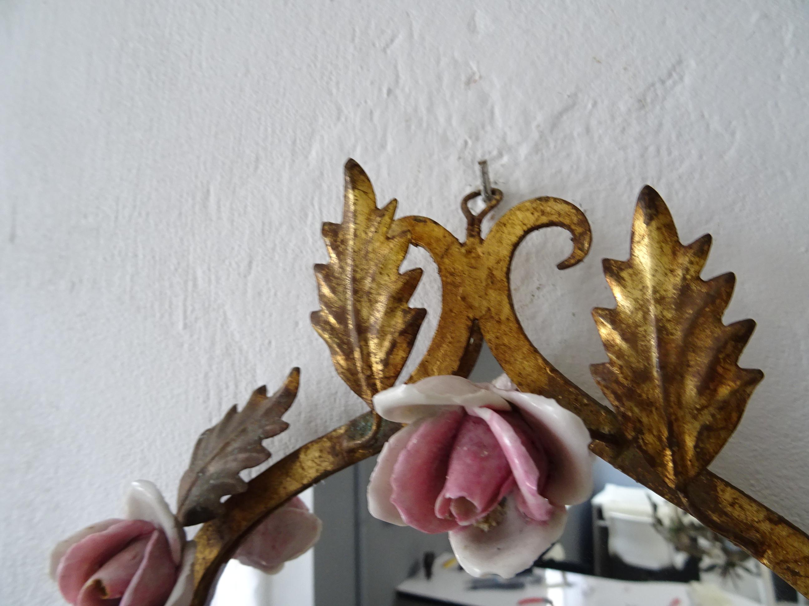 Big French Pink Roses & Mirrors Gilt Metal Sconces, circa 1920 For Sale 4