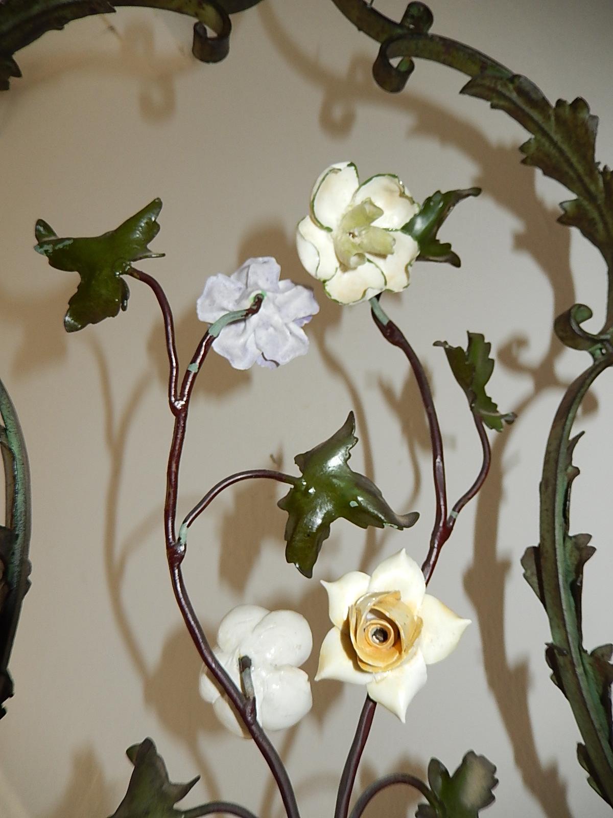 Big French Wrought Iron Porcelain Flowers, Vase & Tassel Chandelier circa 1880 6