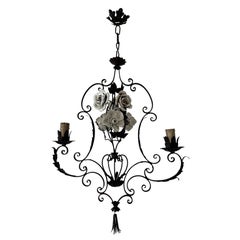Big French Wrought Iron Porcelain Roses Vase & Tassel Chandelier, circa 1880