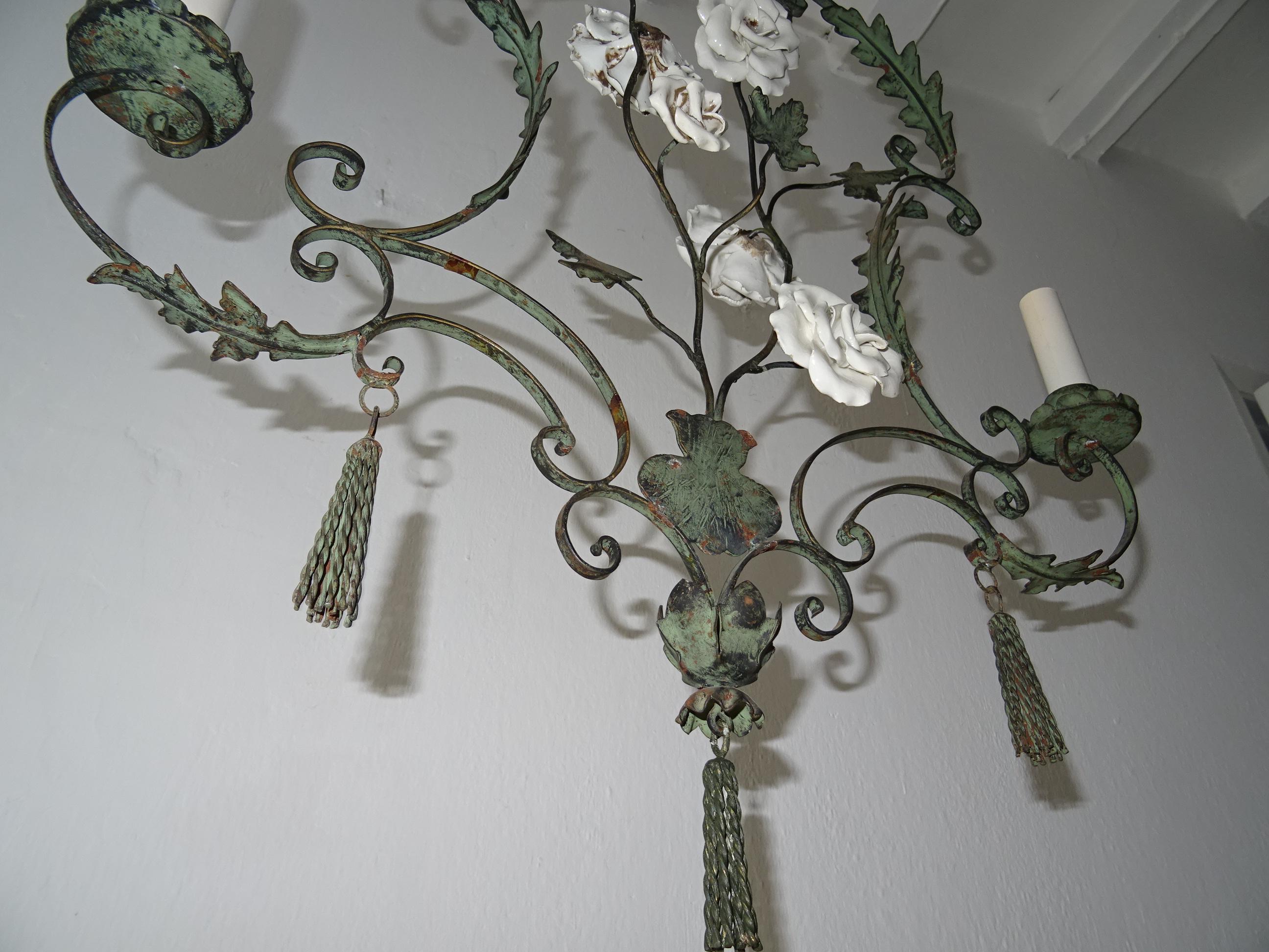 Big French Wrought Iron Porcelain Roses Vase & Tassels Chandelier, circa 1880 5