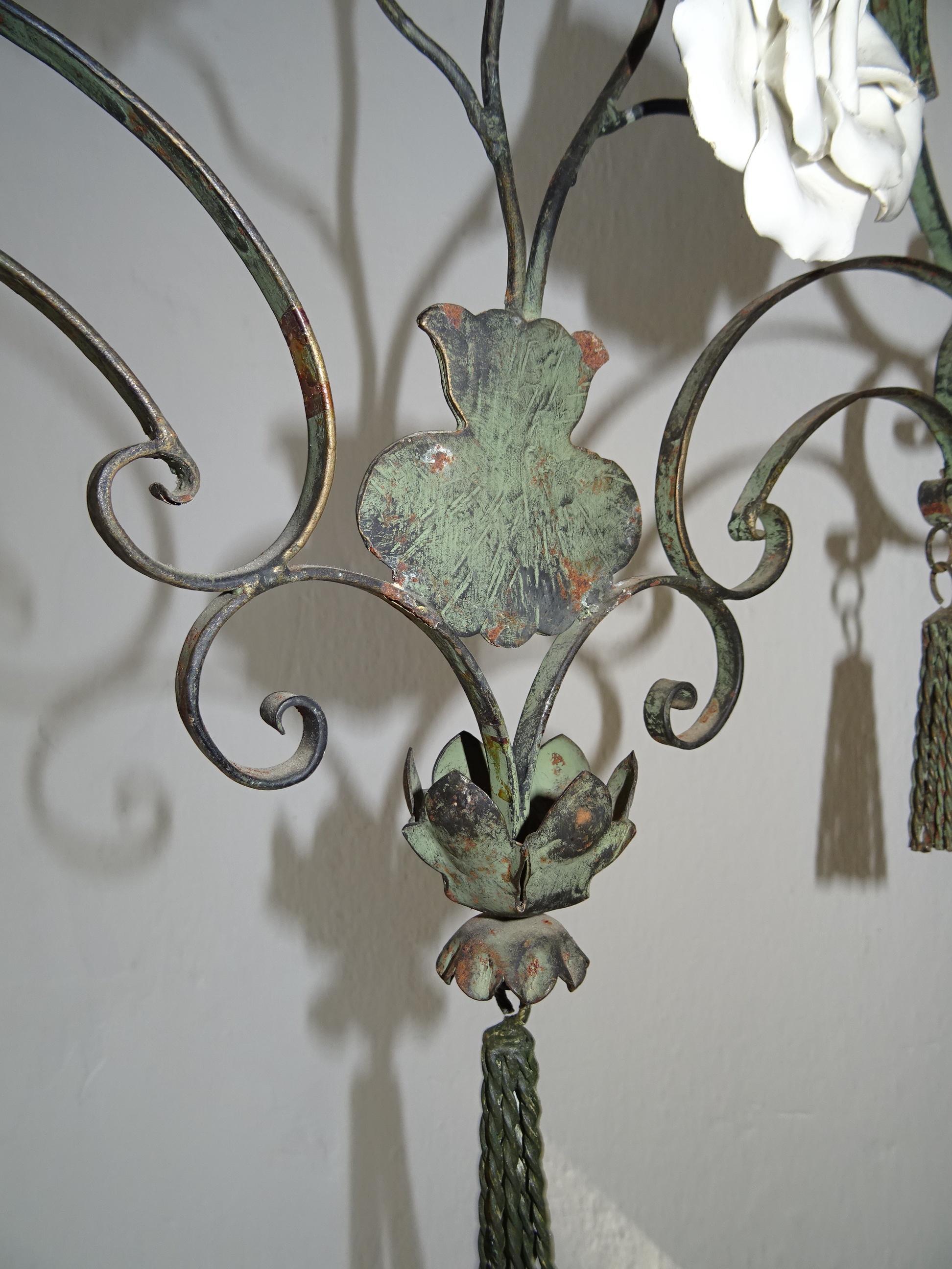 Big French Wrought Iron Porcelain Roses Vase & Tassels Chandelier, circa 1880 7