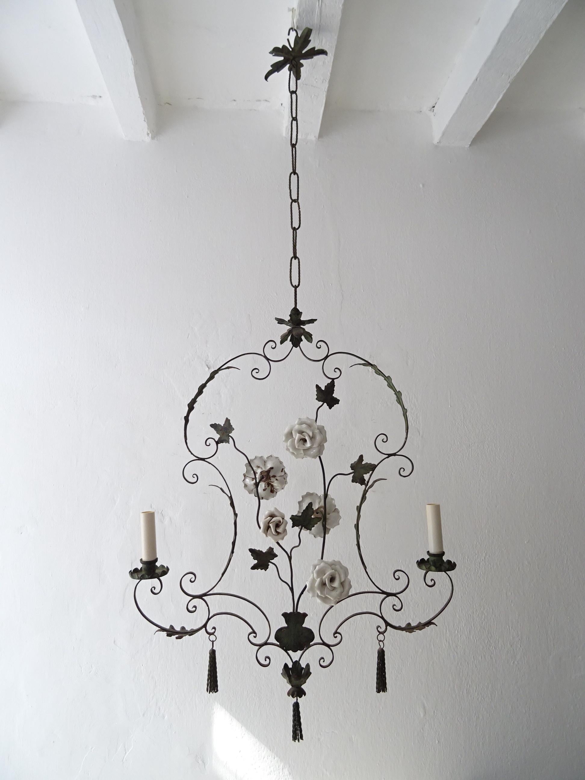 Forged Big French Wrought Iron Porcelain Roses Vase & Tassels Chandelier, circa 1880