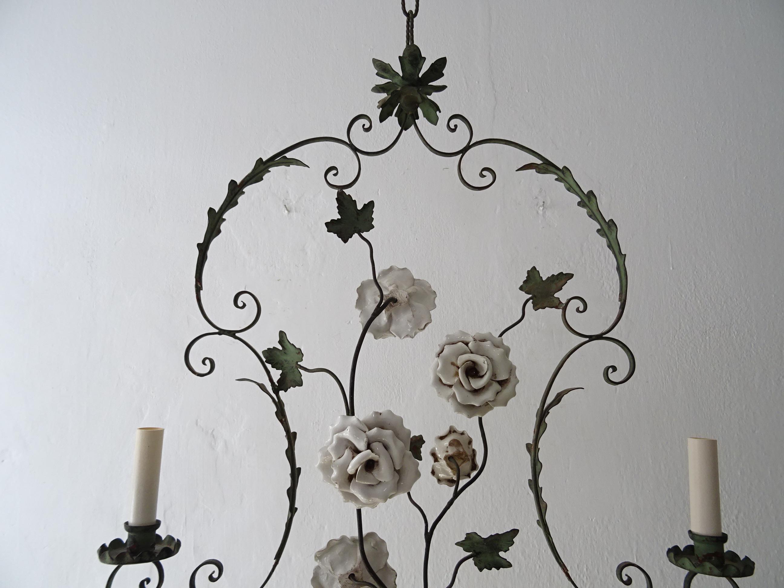Big French Wrought Iron Porcelain Roses Vase & Tassels Chandelier, circa 1880 In Good Condition In Firenze, Toscana