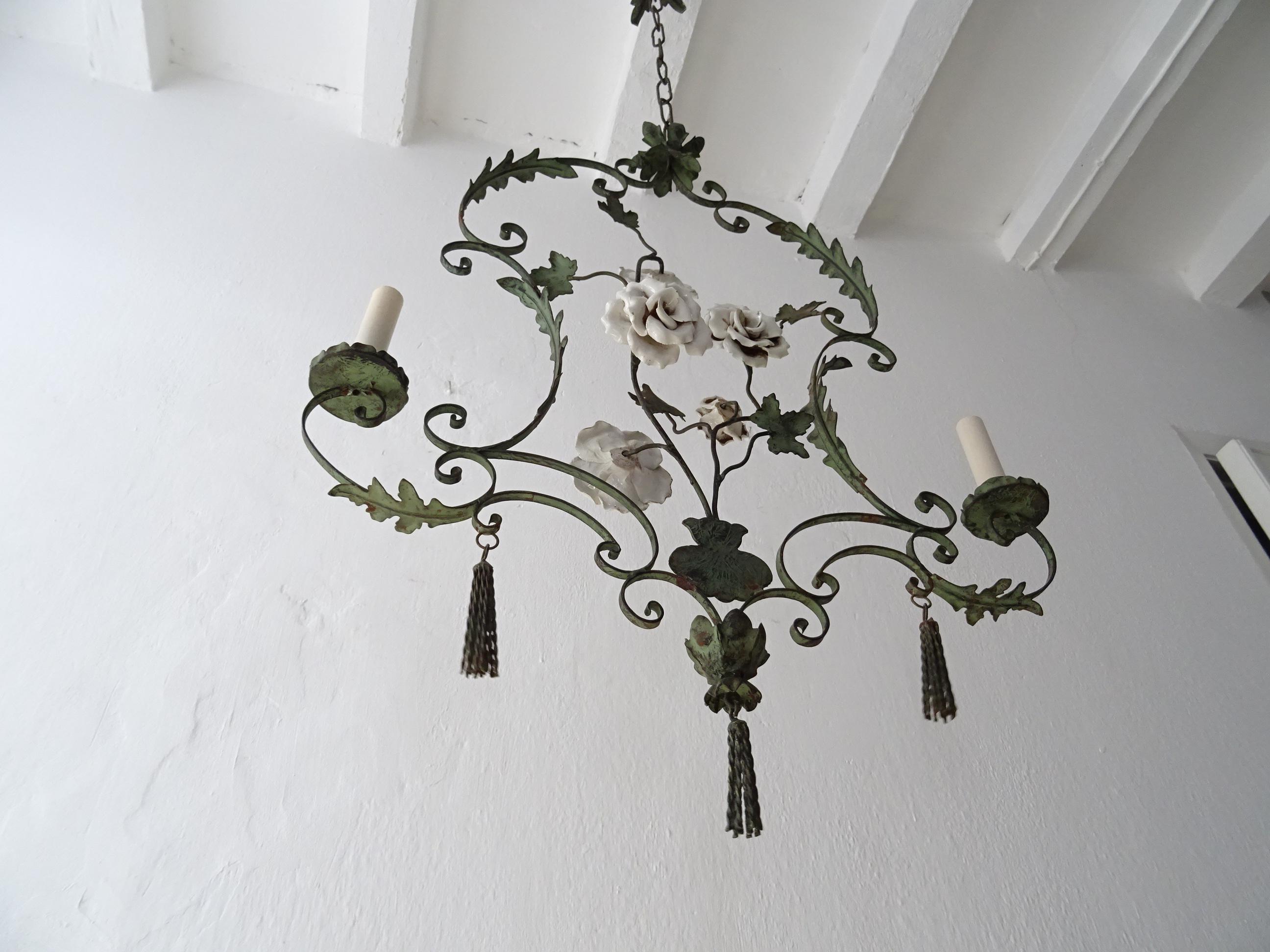 19th Century Big French Wrought Iron Porcelain Roses Vase & Tassels Chandelier, circa 1880