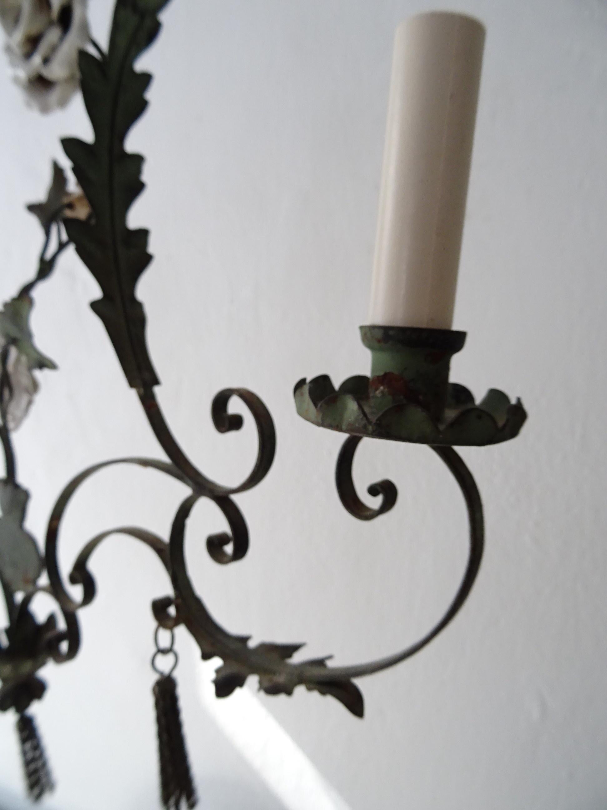 Big French Wrought Iron Porcelain Roses Vase & Tassels Chandelier, circa 1880 4