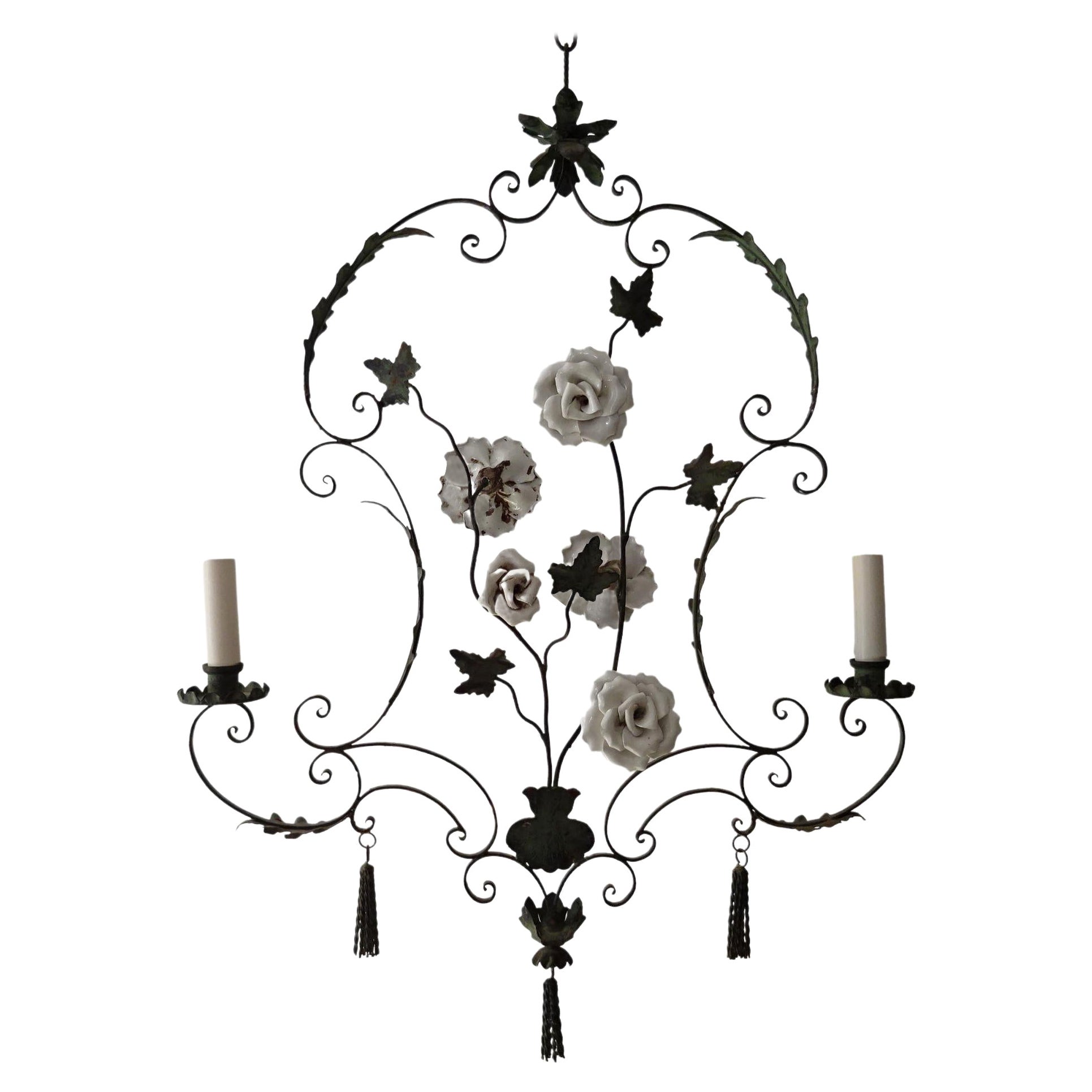 Big French Wrought Iron Porcelain Roses Vase & Tassels Chandelier, circa 1880