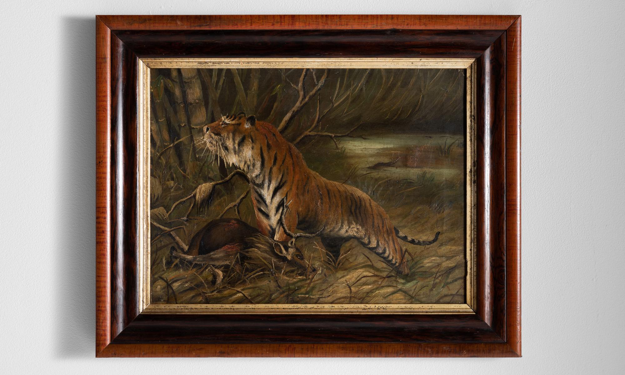 Oil on canvas painting of a Bengal Tiger in maple and rosewood frame.
