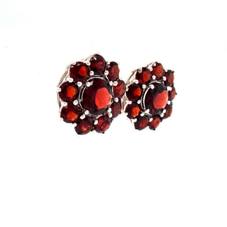 Art Deco Big Garnet Carnation Flower Stud Earrings Collage Graduation in 925 Silver For Sale