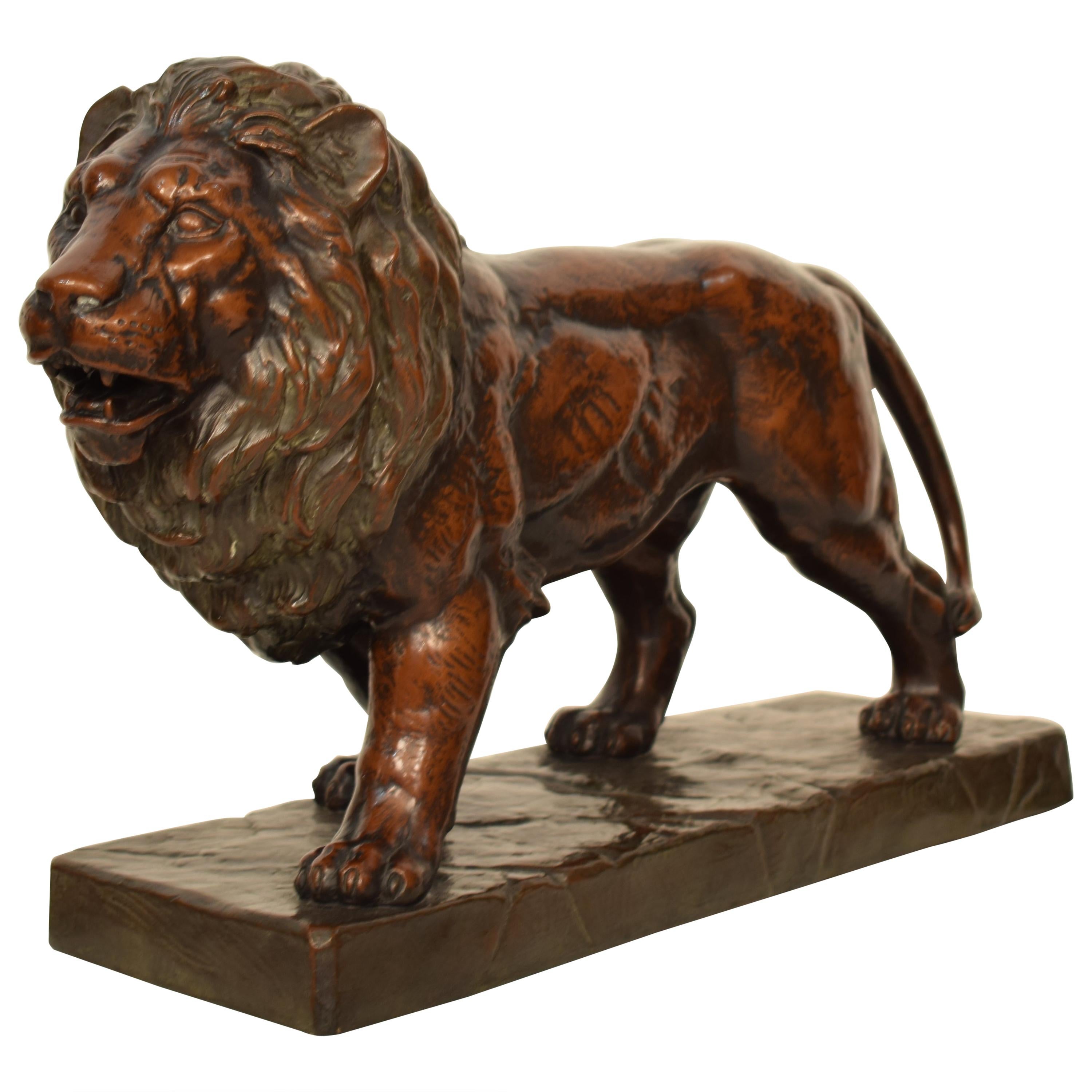 Big German Art Deco Lion Sculpture in Ceramic, Terracotta Copper, 1930 For Sale