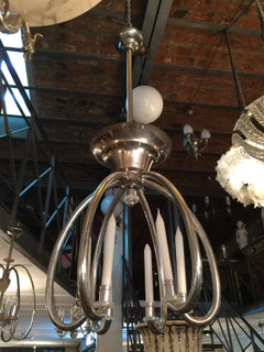 Big German Chandelier in Opaline, Chromed Bronze, 1920, Style Art Deco