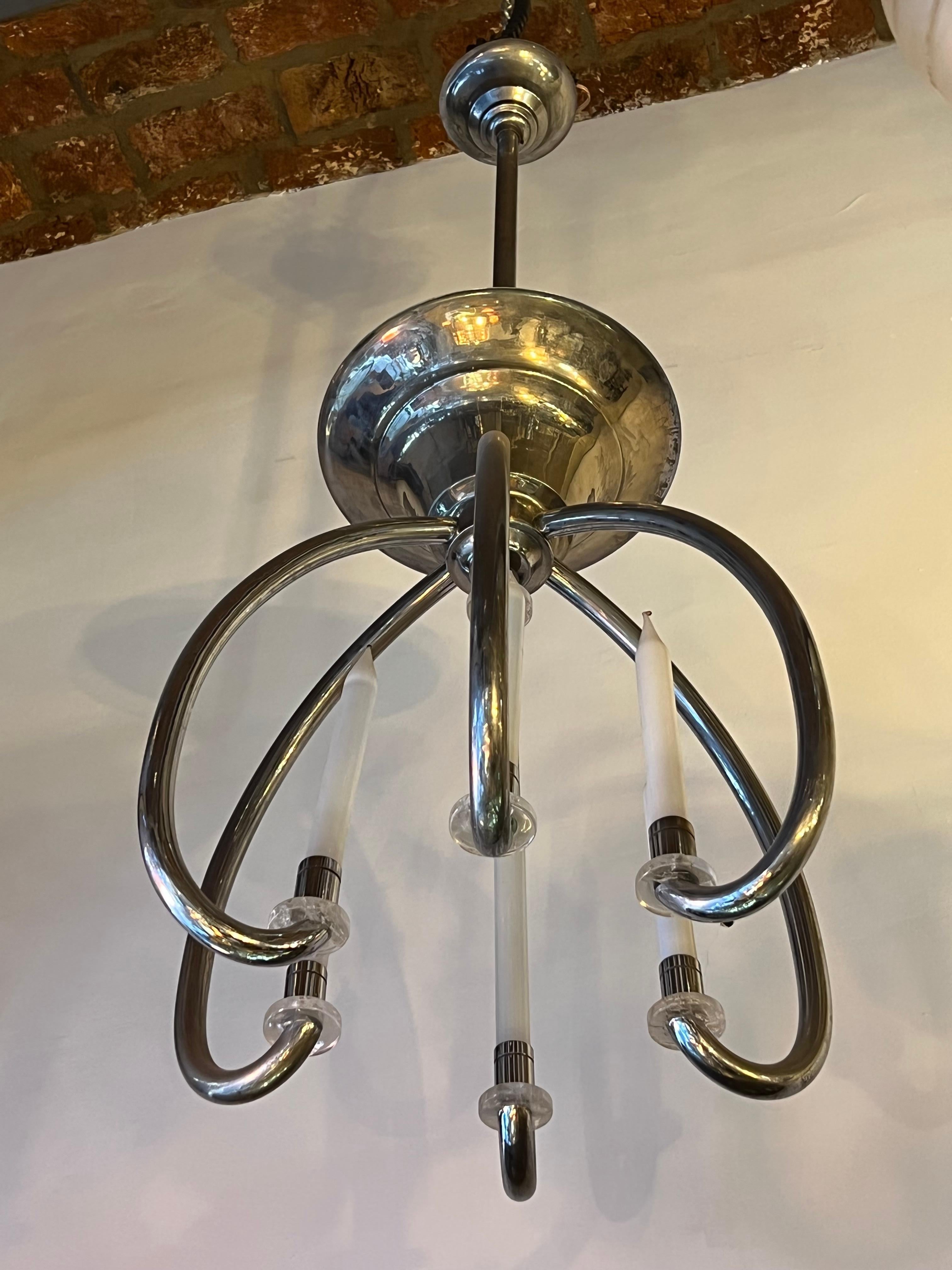 Big German Chandelier in Opaline, Chromed Bronze, 1920, Style Art Deco For Sale 1