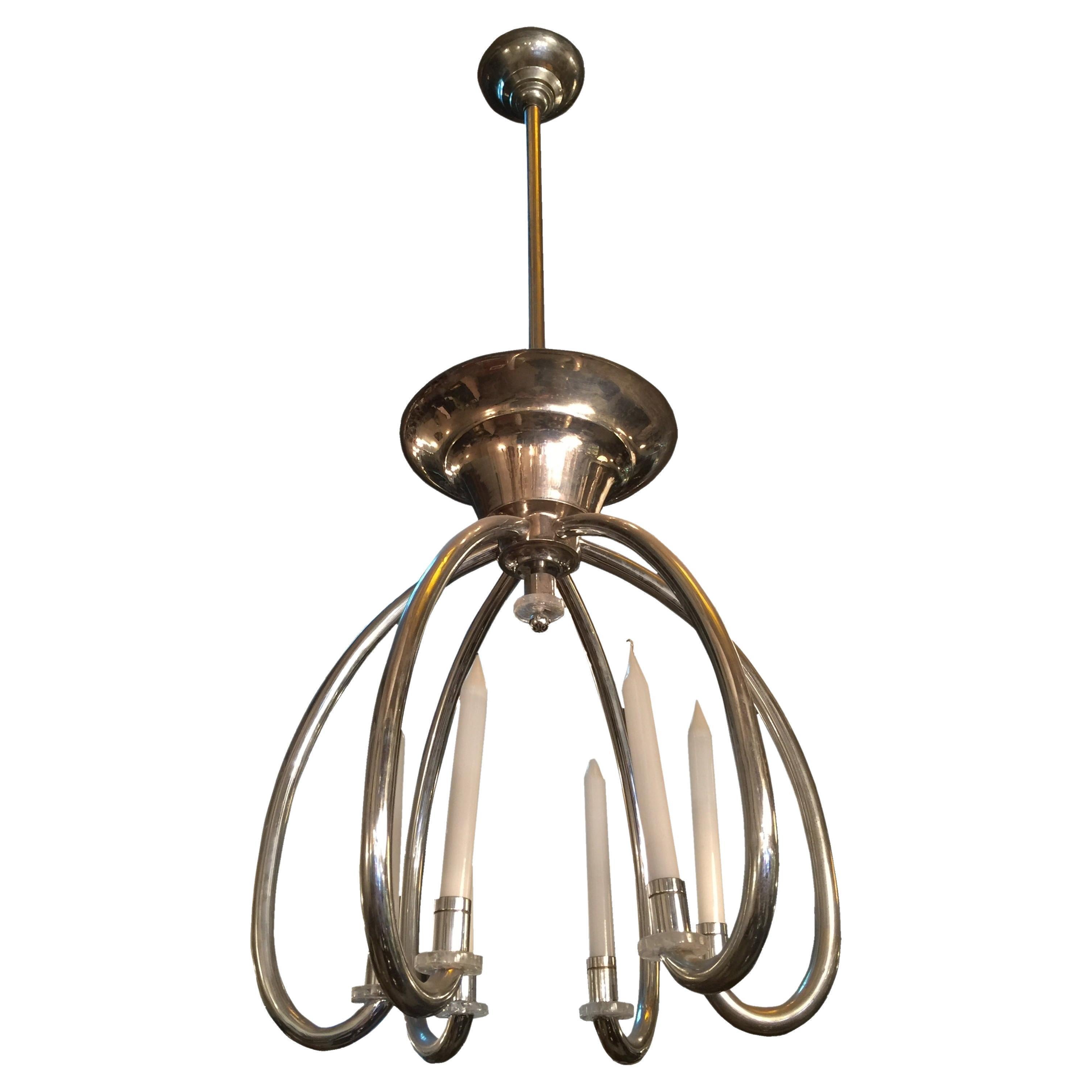 Big German Chandelier in Opaline, Chromed Bronze, 1920, Style Art Deco