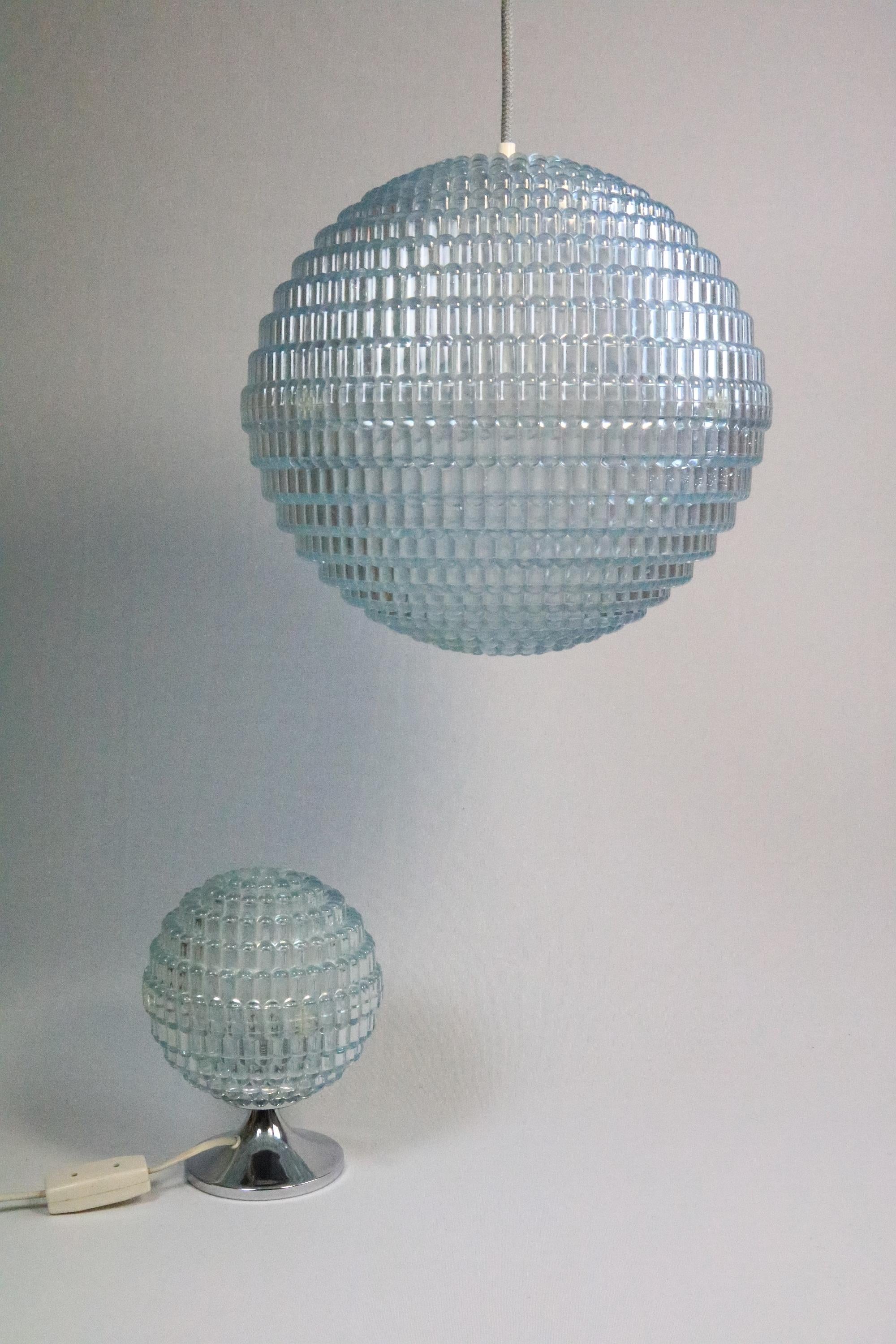 Big German Midcentury Ball Lamp, Ice Blue, Bubble Relief, 1970s 5