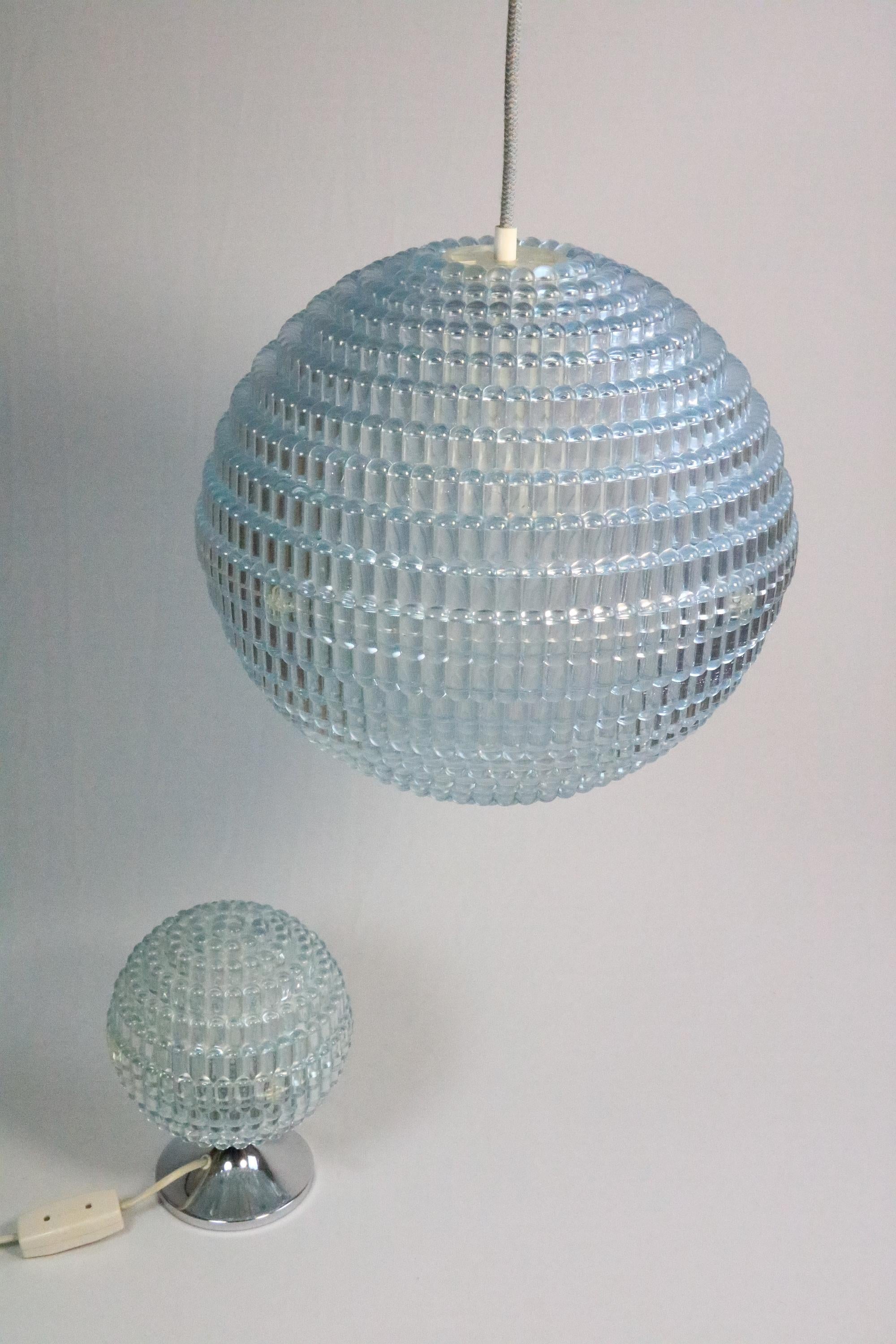 Big German Midcentury Ball Lamp, Ice Blue, Bubble Relief, 1970s 1