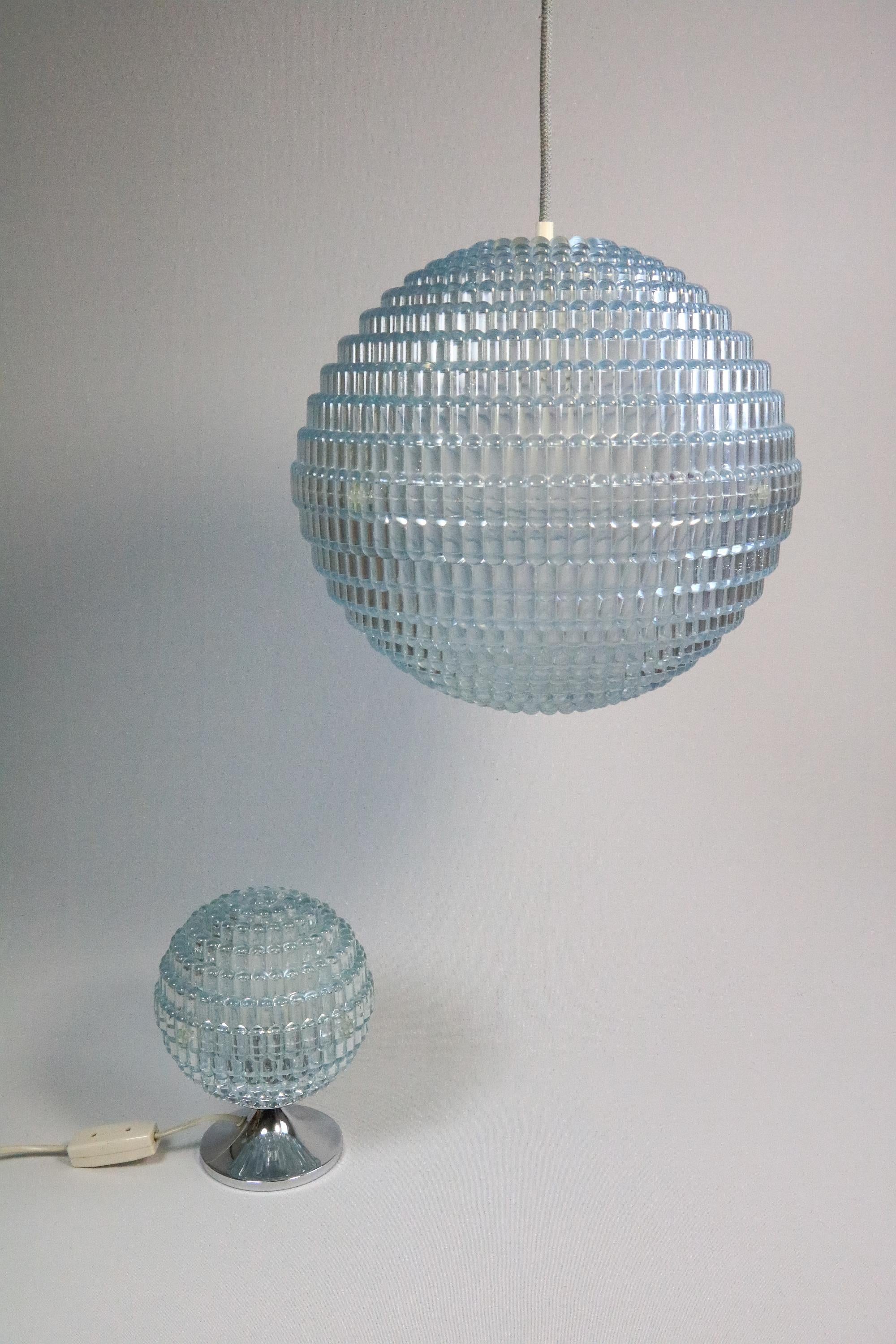 Big German Midcentury Ball Lamp, Ice Blue, Bubble Relief, 1970s 2