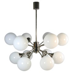 Big German Sputnik Chandelier, 12 x White Glass Balls, Midcentury