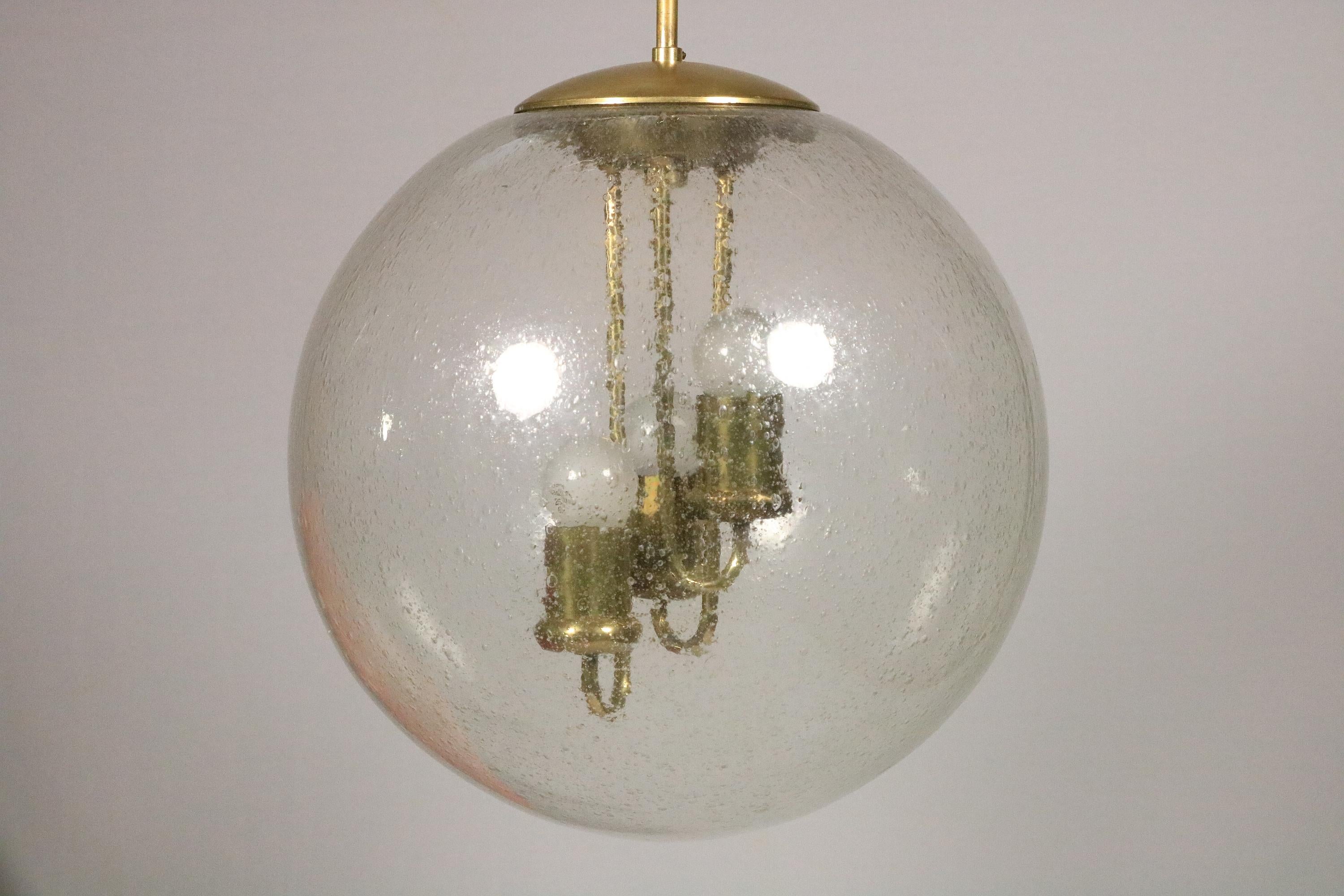 Big Glass Ball Hanging Lamp, Brass, Germany 1970s For Sale 5