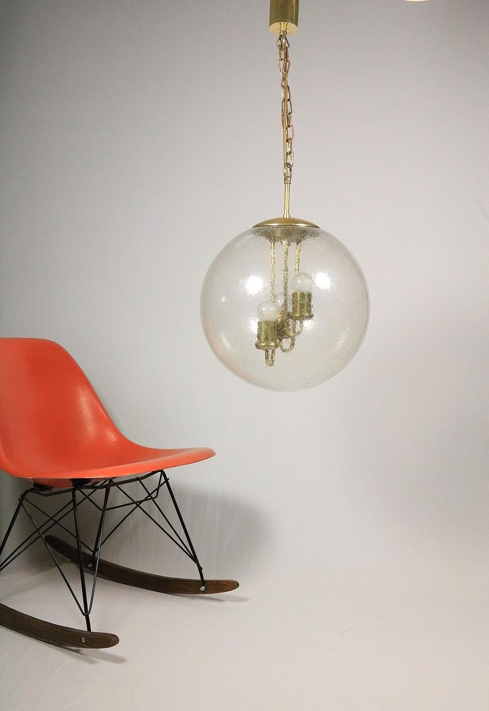 Mid-Century Modern Big Glass Ball Hanging Lamp, Brass, Germany 1970s For Sale