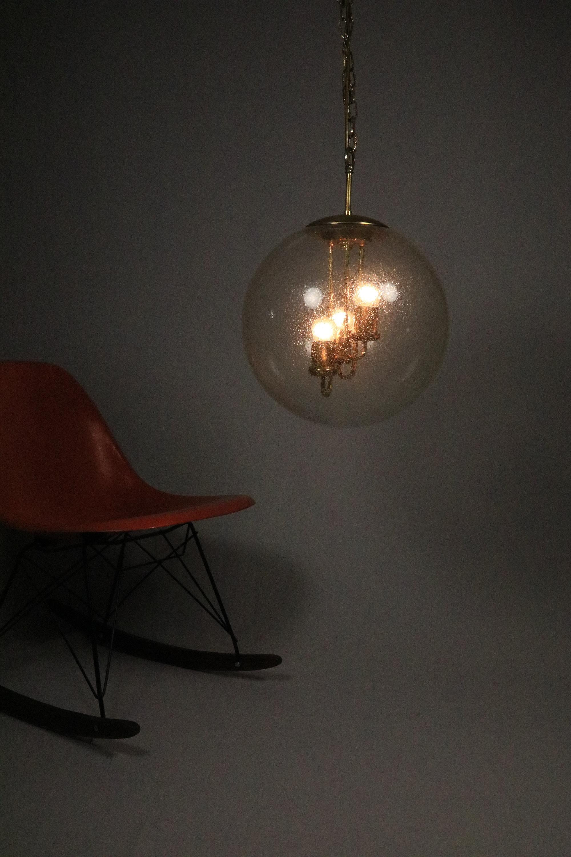 Late 20th Century Big Glass Ball Hanging Lamp, Brass, Germany 1970s For Sale