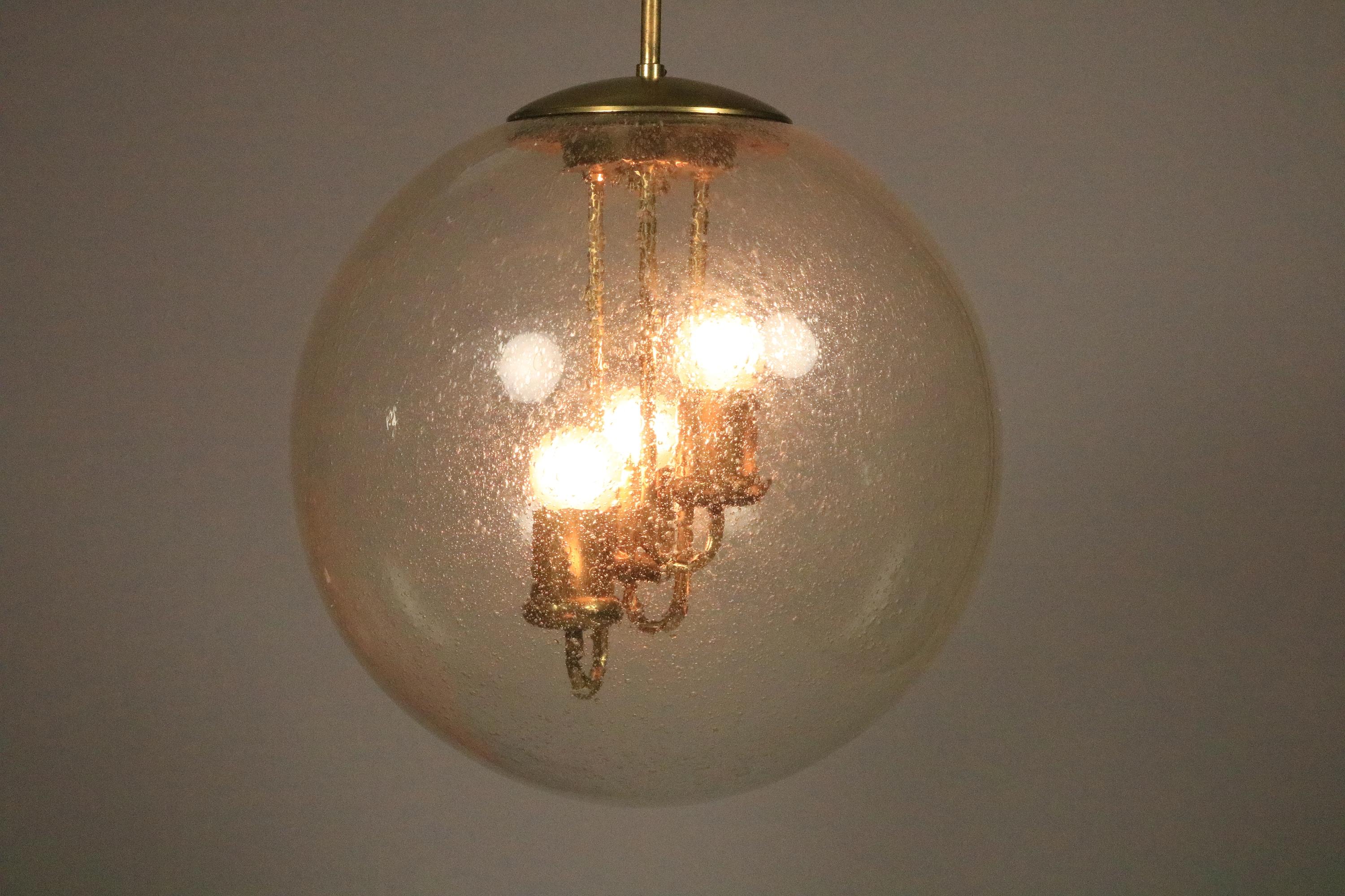 Chrome Big Glass Ball Hanging Lamp, Brass, Germany 1970s For Sale