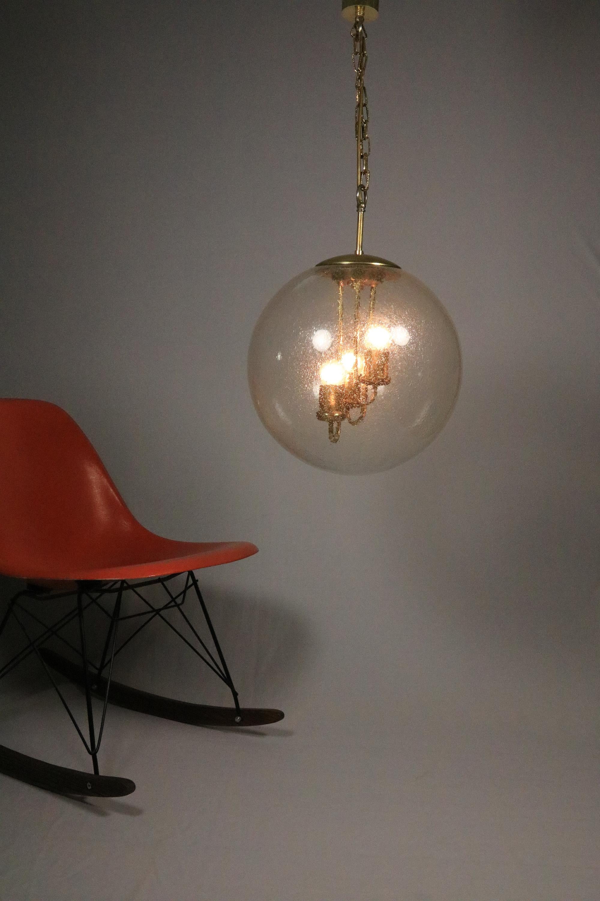 Big Glass Ball Hanging Lamp, Brass, Germany 1970s For Sale 2