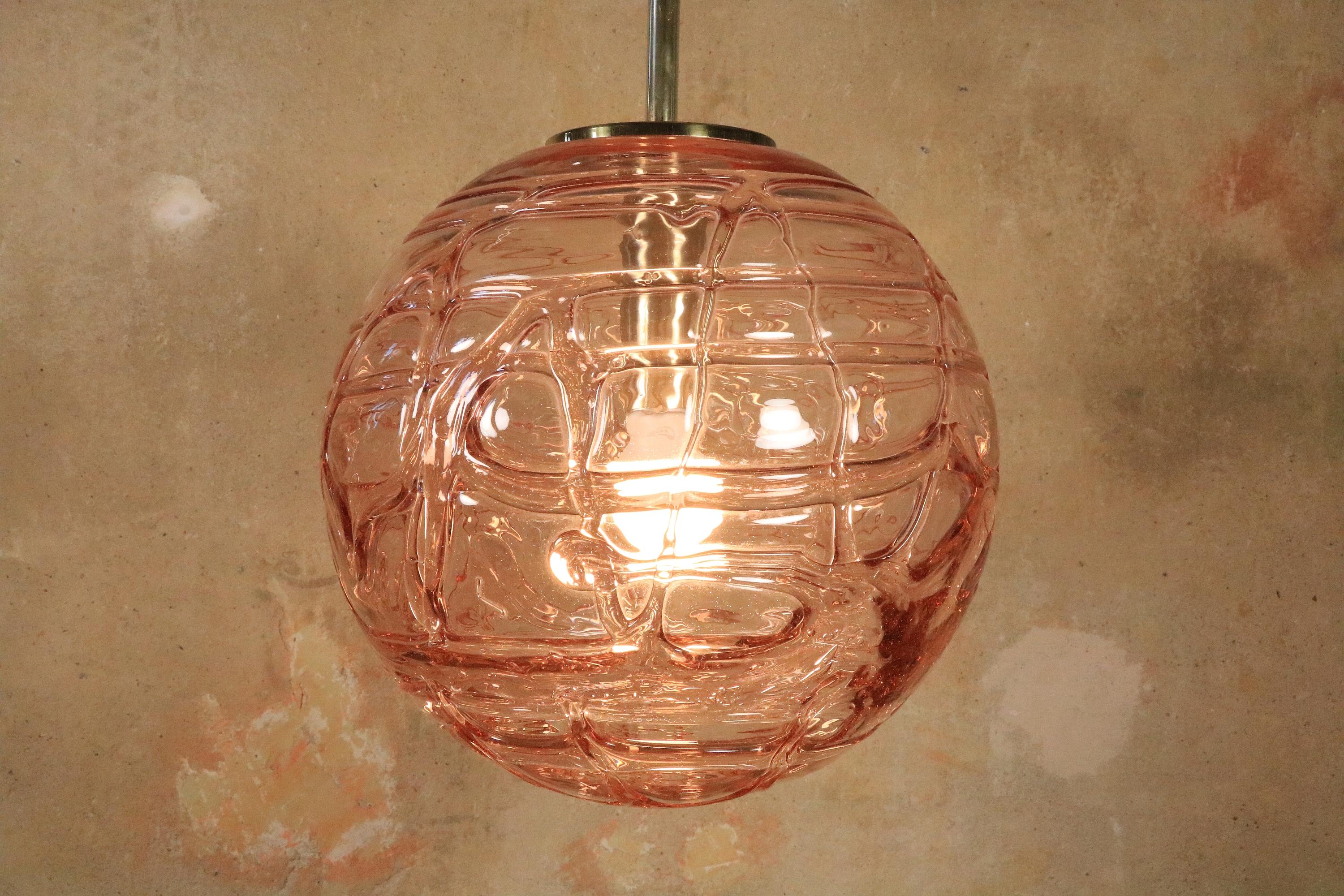 Mid-Century Modern Big Glass Ball Pendant Lamp by Doria, Murano Glass, Rare Pink, 1970s