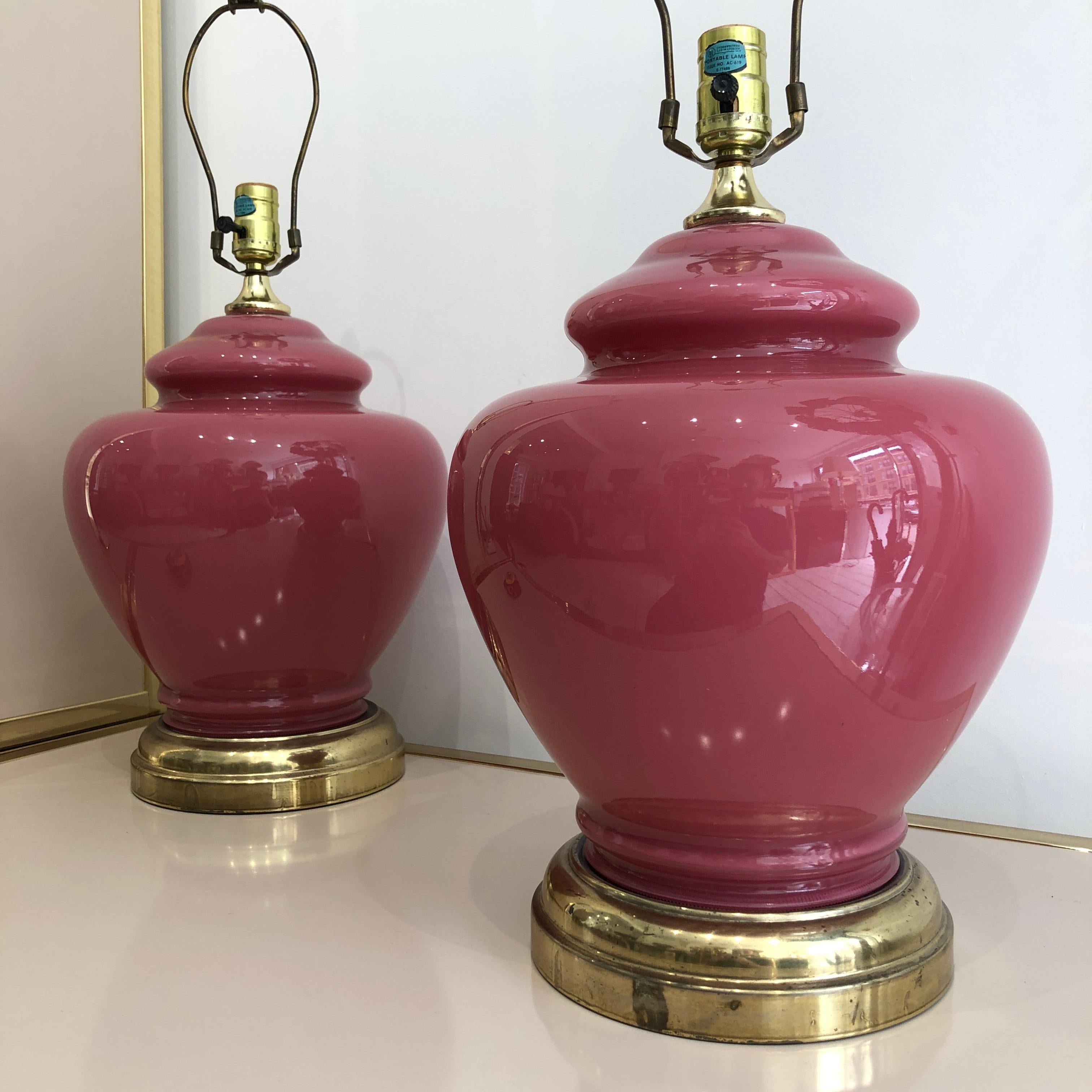 Big Glass Raspberry Table Lamps Vintage Retro Hollywood Regency 1970s Brass 80s 5