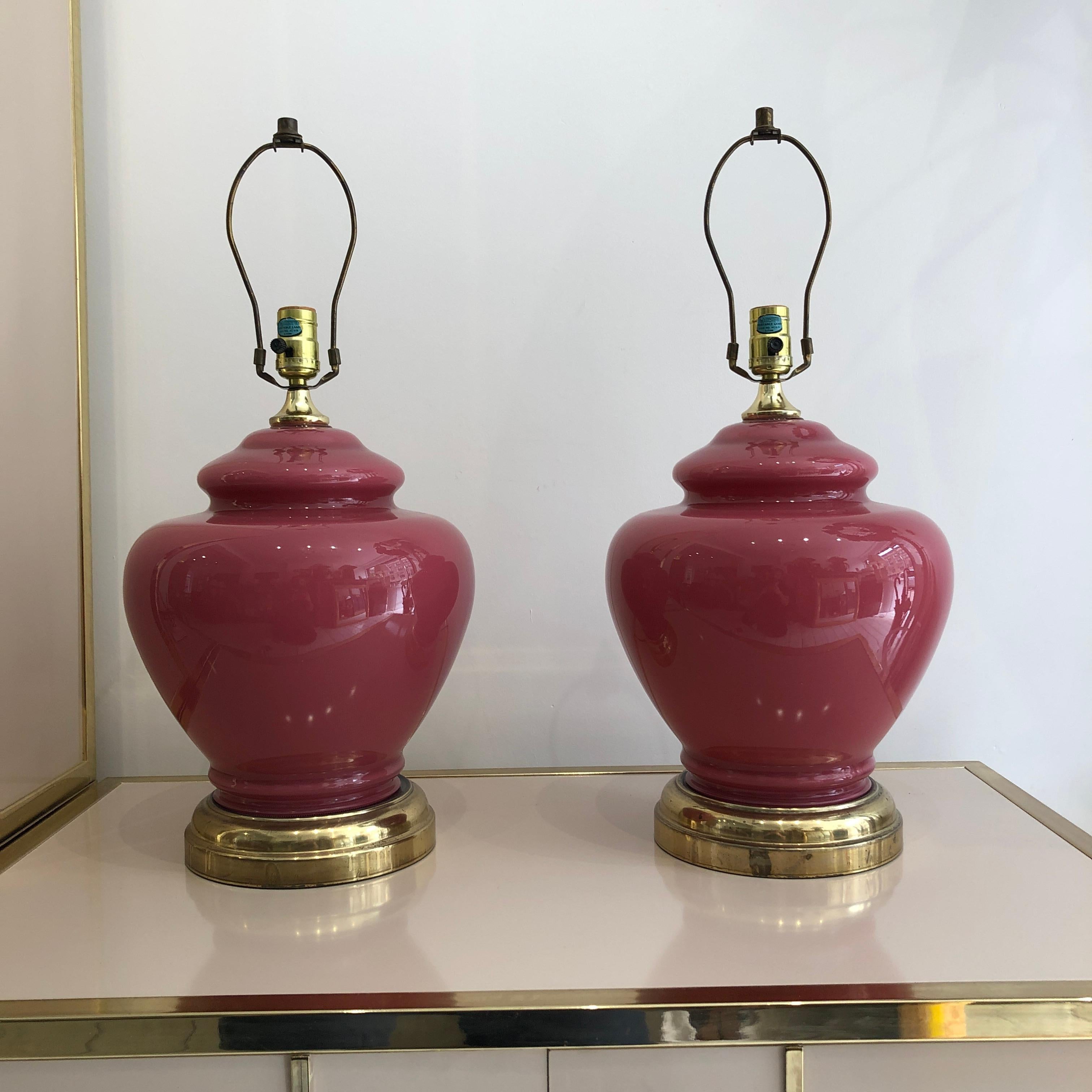 Mid-Century Modern Big Glass Raspberry Table Lamps Vintage Retro Hollywood Regency 1970s Brass 80s