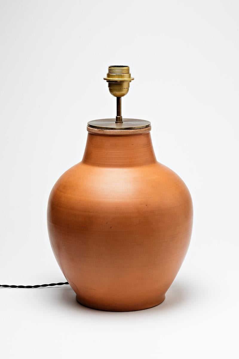 French Big glazed ceramic table lamp by Pierre Roulot, 1950. For Sale