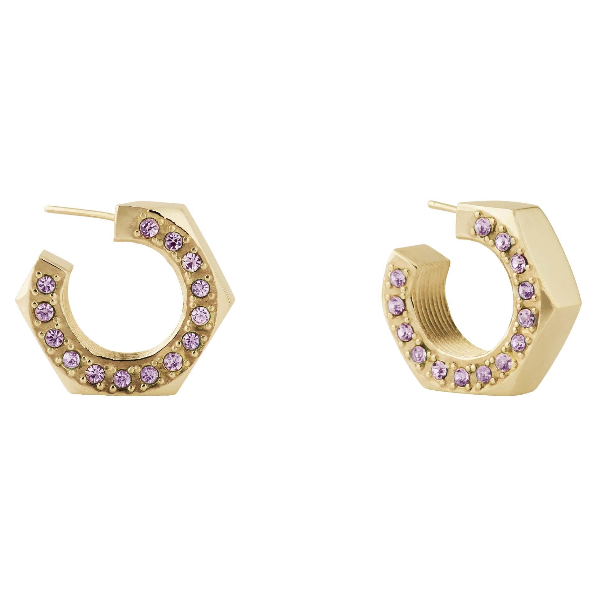 Big Gold Plated Silver Hoop Earrings with Natural Amethyst Stones on the Side For Sale