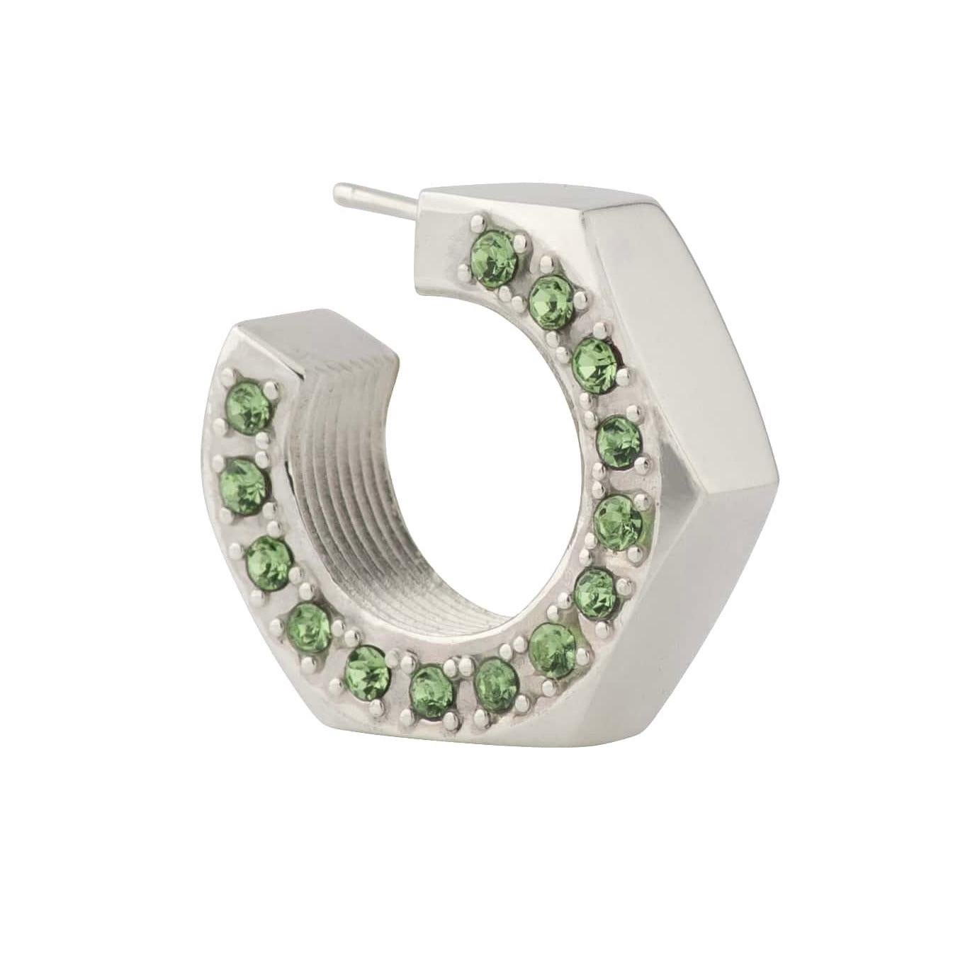 Hex nut shaped silver earrings with 2.75 mm peridot stones on one side of each earring.
.
Sold as a pair
For pierced ears
One size only
Type of closure: Traditional closure
Material: 925 Sterling Silver
Finishing: Gold plated (some of the images are
