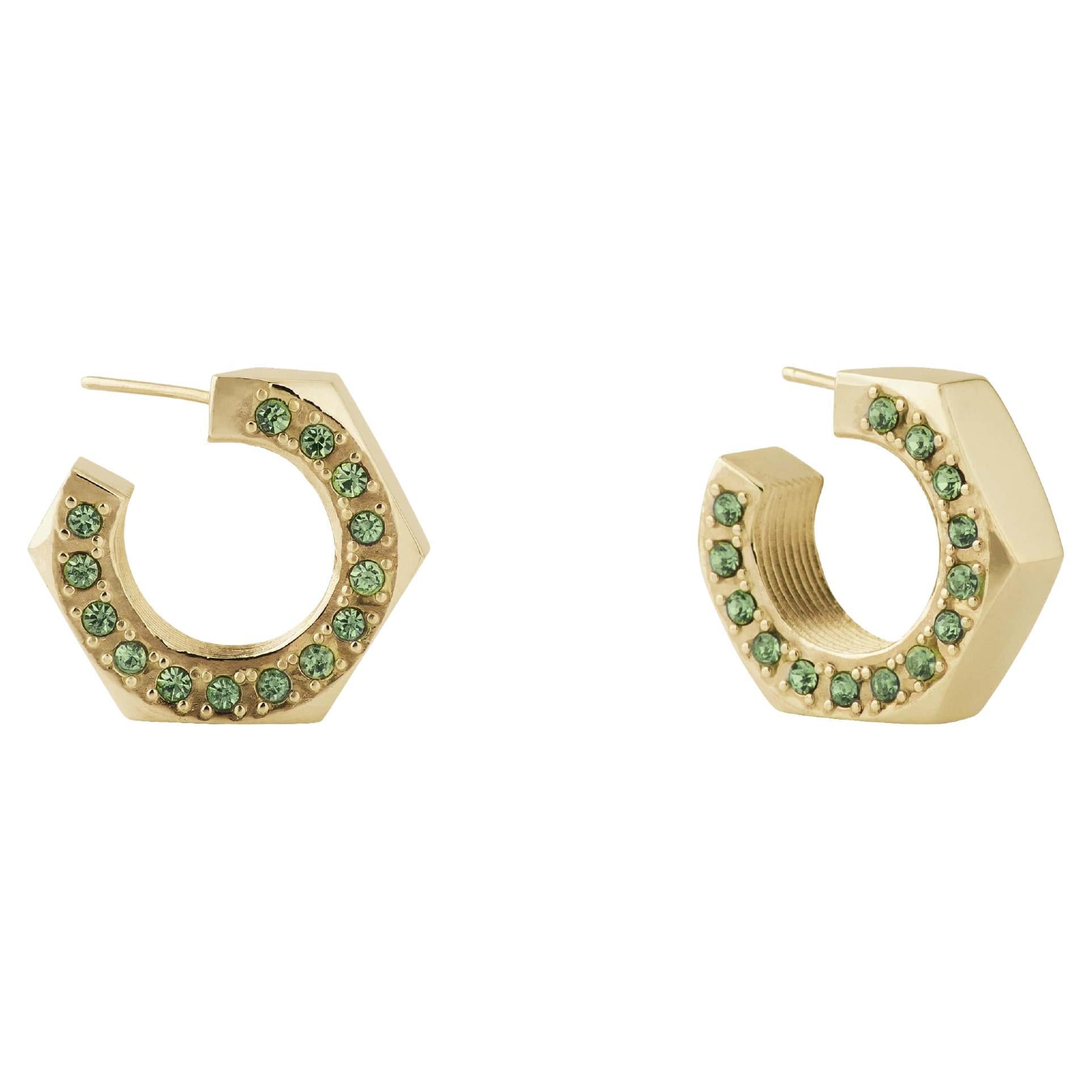 Big Gold Plated Silver Hoop Earrings with Natural Peridot Stones on the Side For Sale