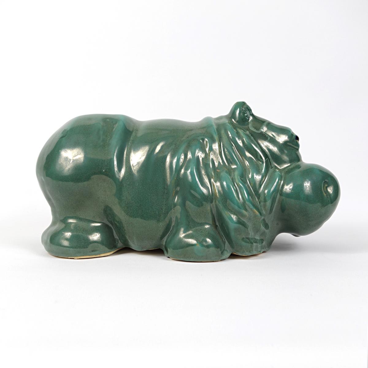 Dutch Big Green Cheerful Ceramic Statue of a Hippopotamus For Sale