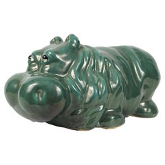 Big Green Cheerful Ceramic Statue of a Hippopotamus