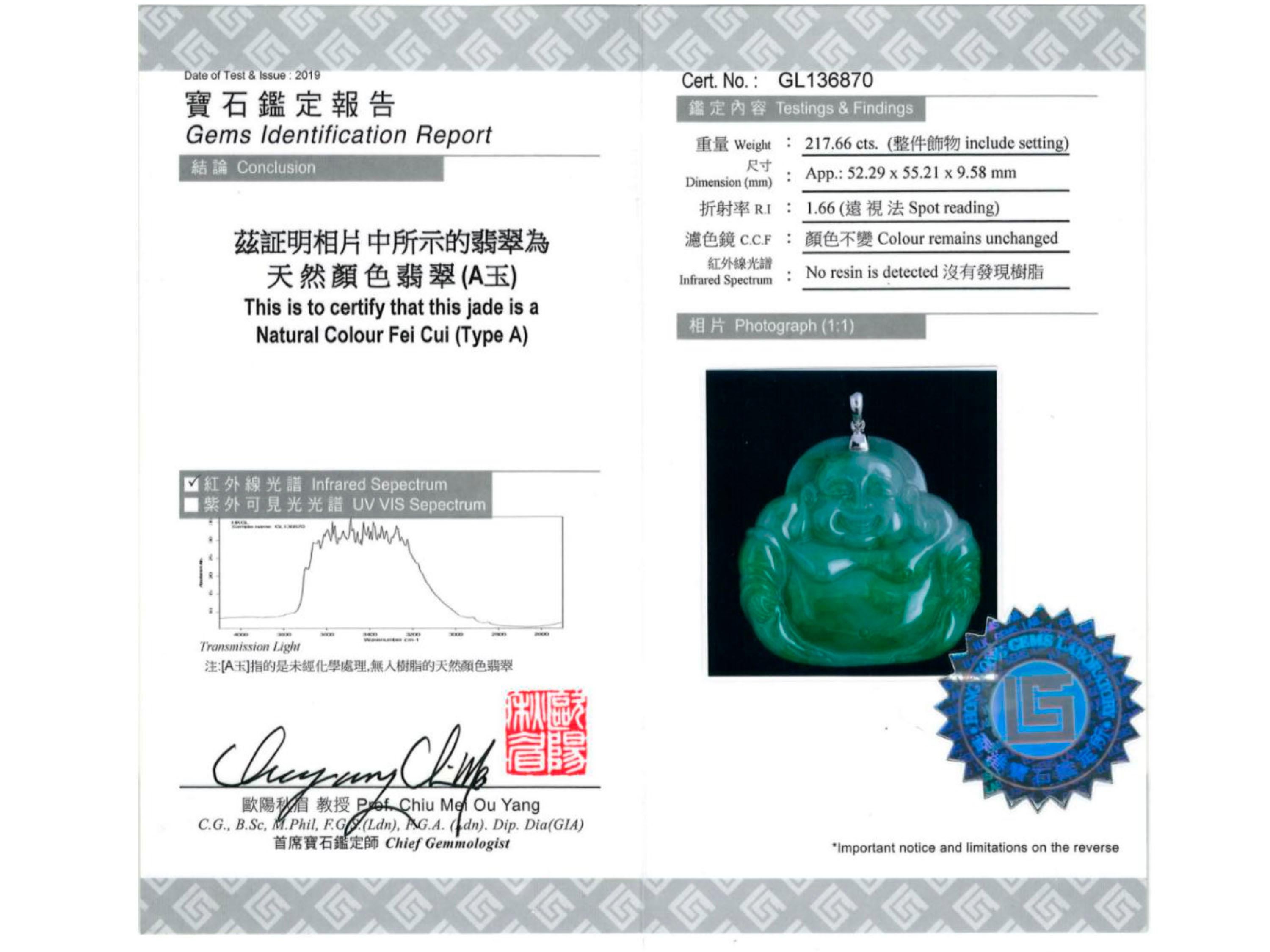 Big Green Jadeite Jade Buddha, Certified Untreated In New Condition In San Francisco, CA