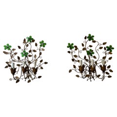 Big Green Prisms Flowers Maison Baguès Crystal 3 Light Sconces Signed 1950