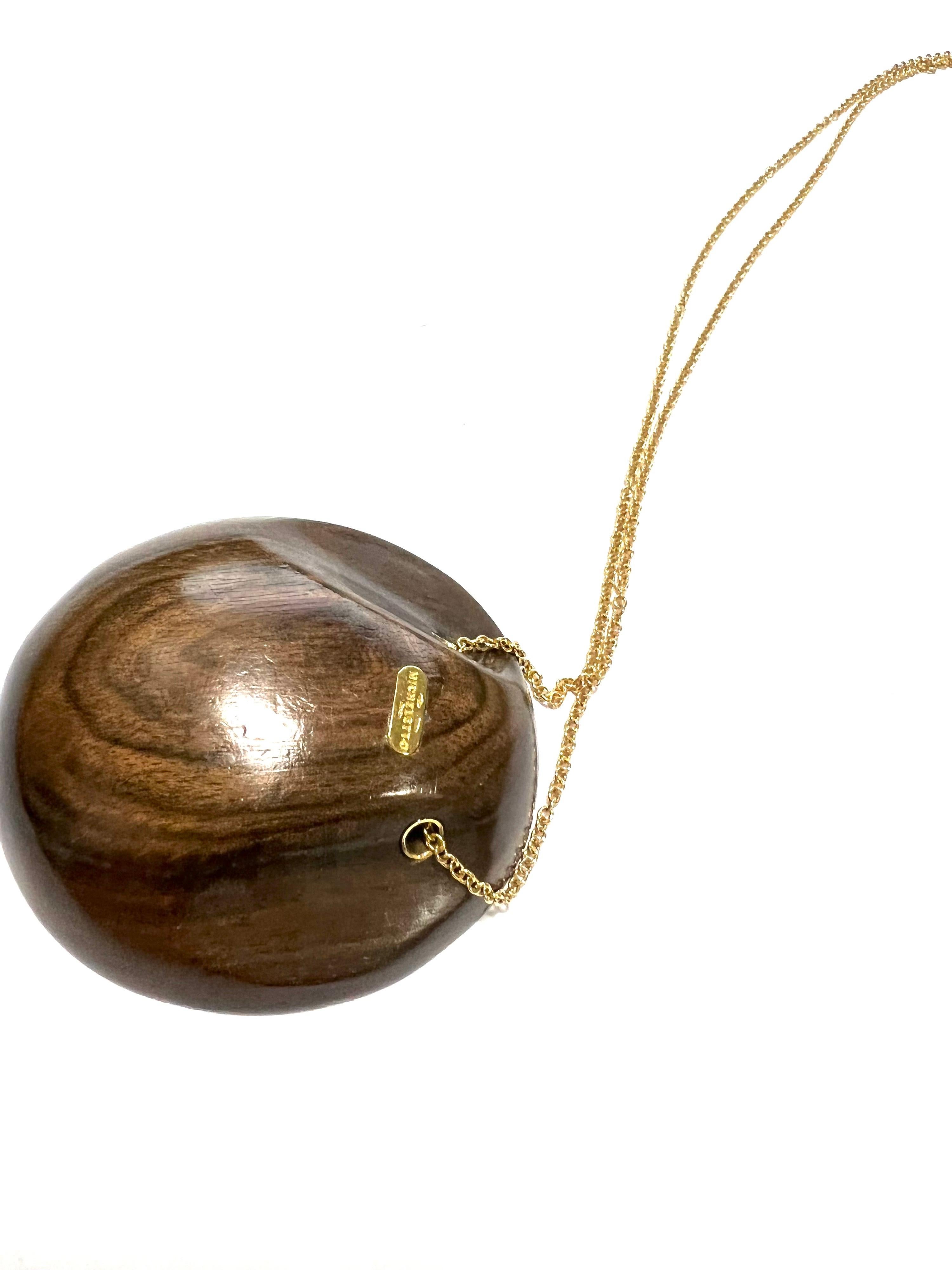 Artist Big Half Sphere Rosewood Pendant on 18K Yellow Gold Necklace For Sale